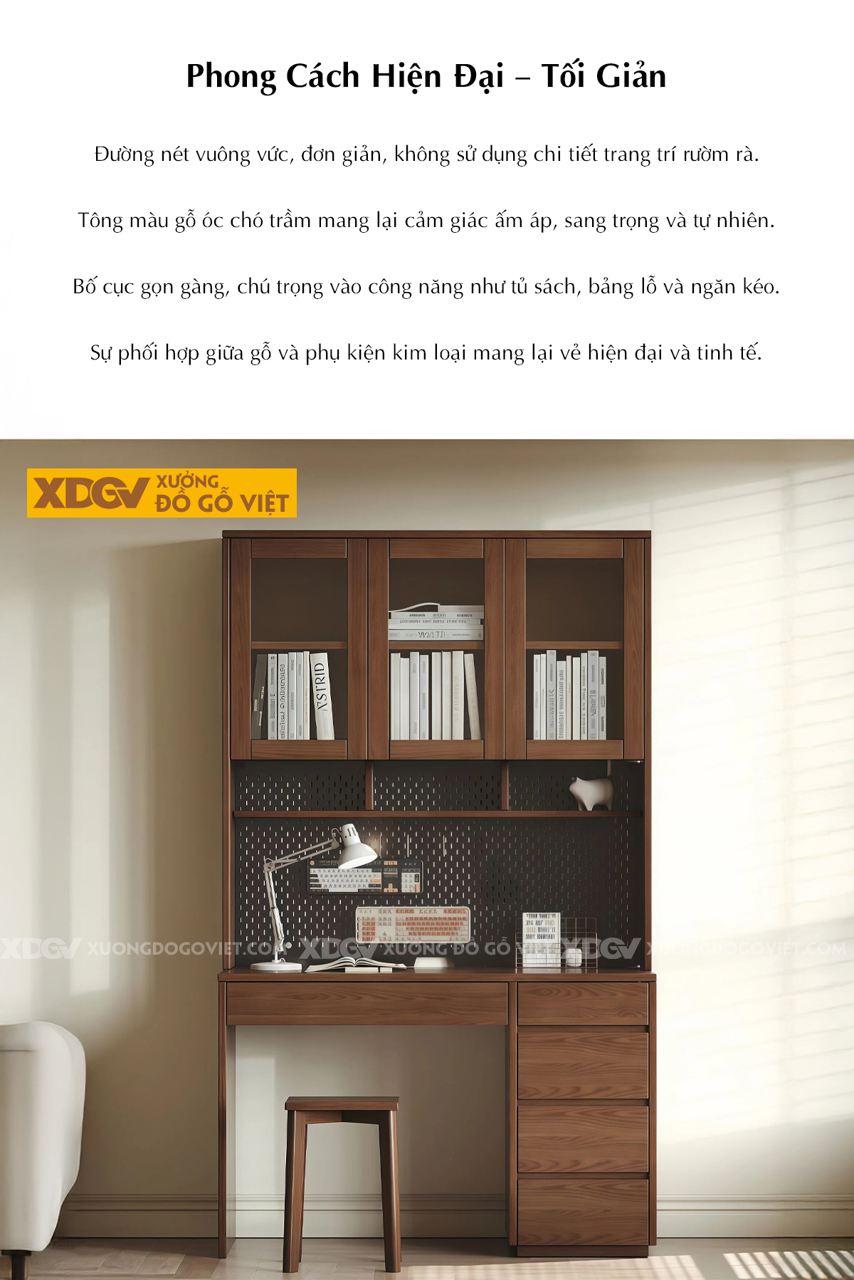 Bàn Làm Việc Gỗ Veneer Sồi Kèm Tủ Sách Và Ngăn Kéo Tiện Ích