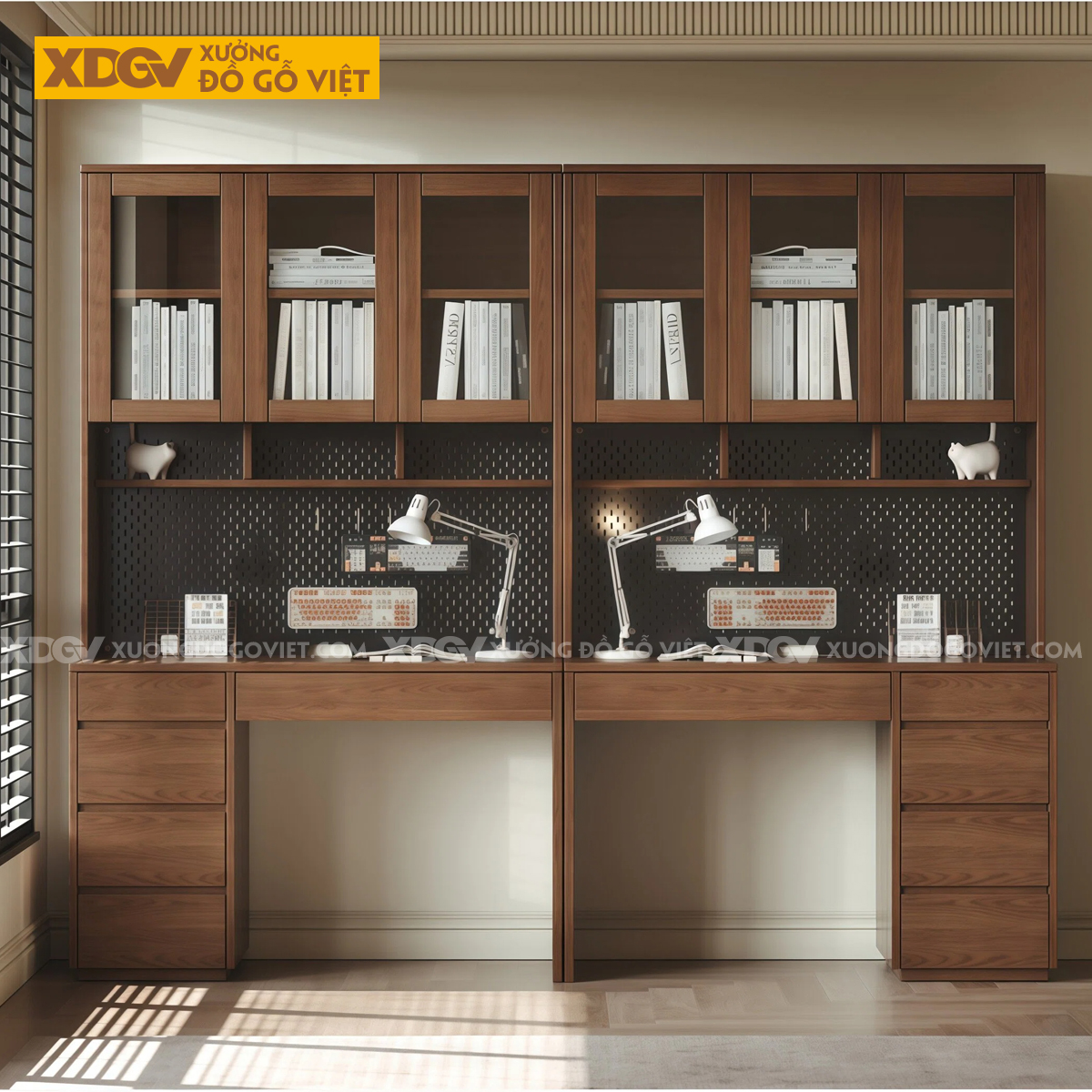 Bàn Làm Việc Gỗ Veneer Sồi Kèm Tủ Sách Và Ngăn Kéo Tiện Ích