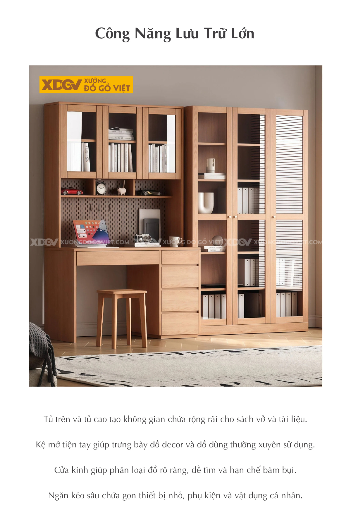 Bàn Làm Việc Gỗ Veneer Sồi Kèm Tủ Sách Và Ngăn Kéo Tiện Ích