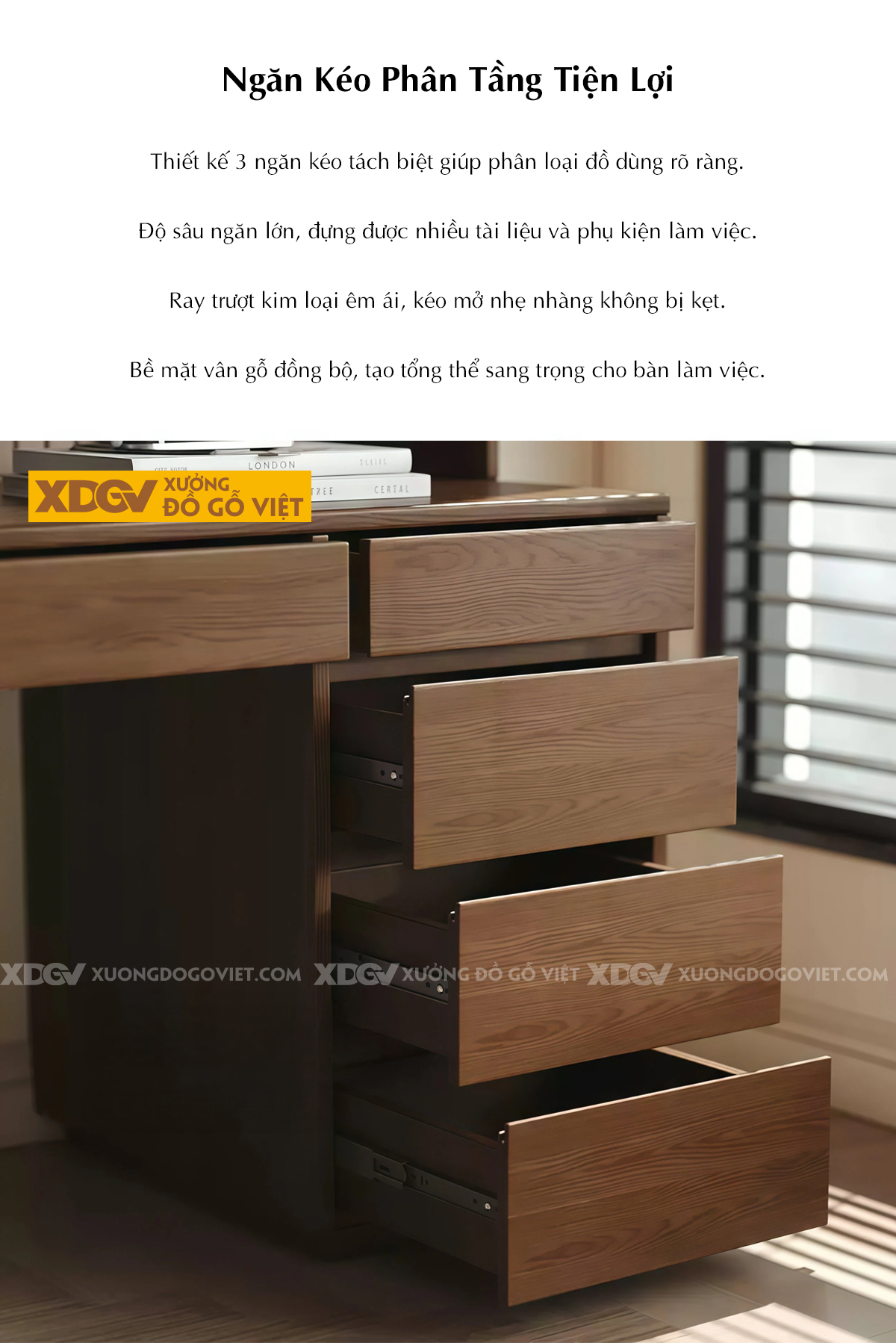 Bàn Làm Việc Gỗ Veneer Sồi Kèm Tủ Sách Và Ngăn Kéo Tiện Ích