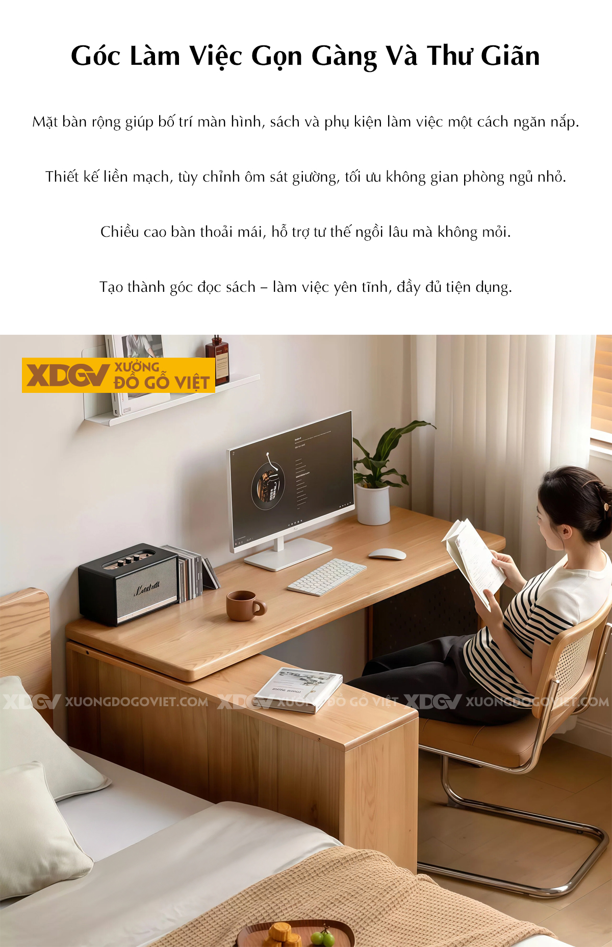 Bàn Làm Việc Góc L Gỗ Sồi Mỹ Kéo Xoay Linh Hoạt