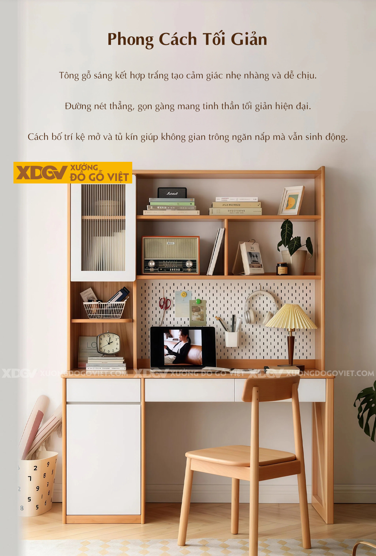 Bàn Làm Việc Hiện Đại Gỗ Sồi Mỹ Đường Nét Bo Tròn Tinh Tế