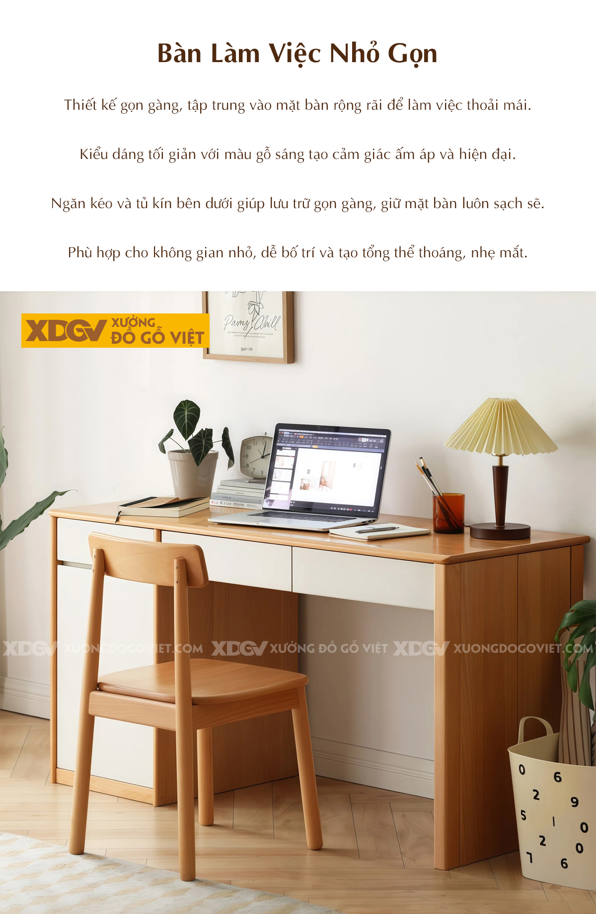 Bàn Làm Việc Hiện Đại Gỗ Sồi Mỹ Đường Nét Bo Tròn Tinh Tế