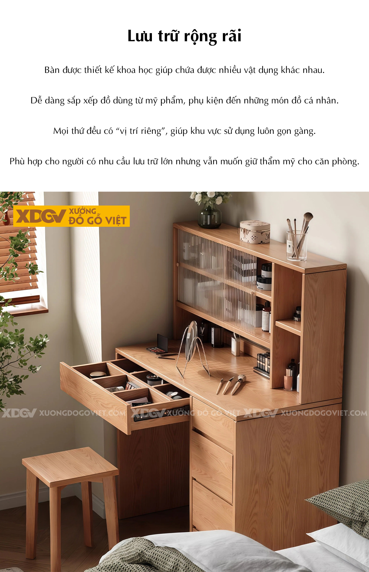 Bàn Làm Việc Kết Hợp Bàn Phấn Phối Kính Gân Mờ Sang Trọng