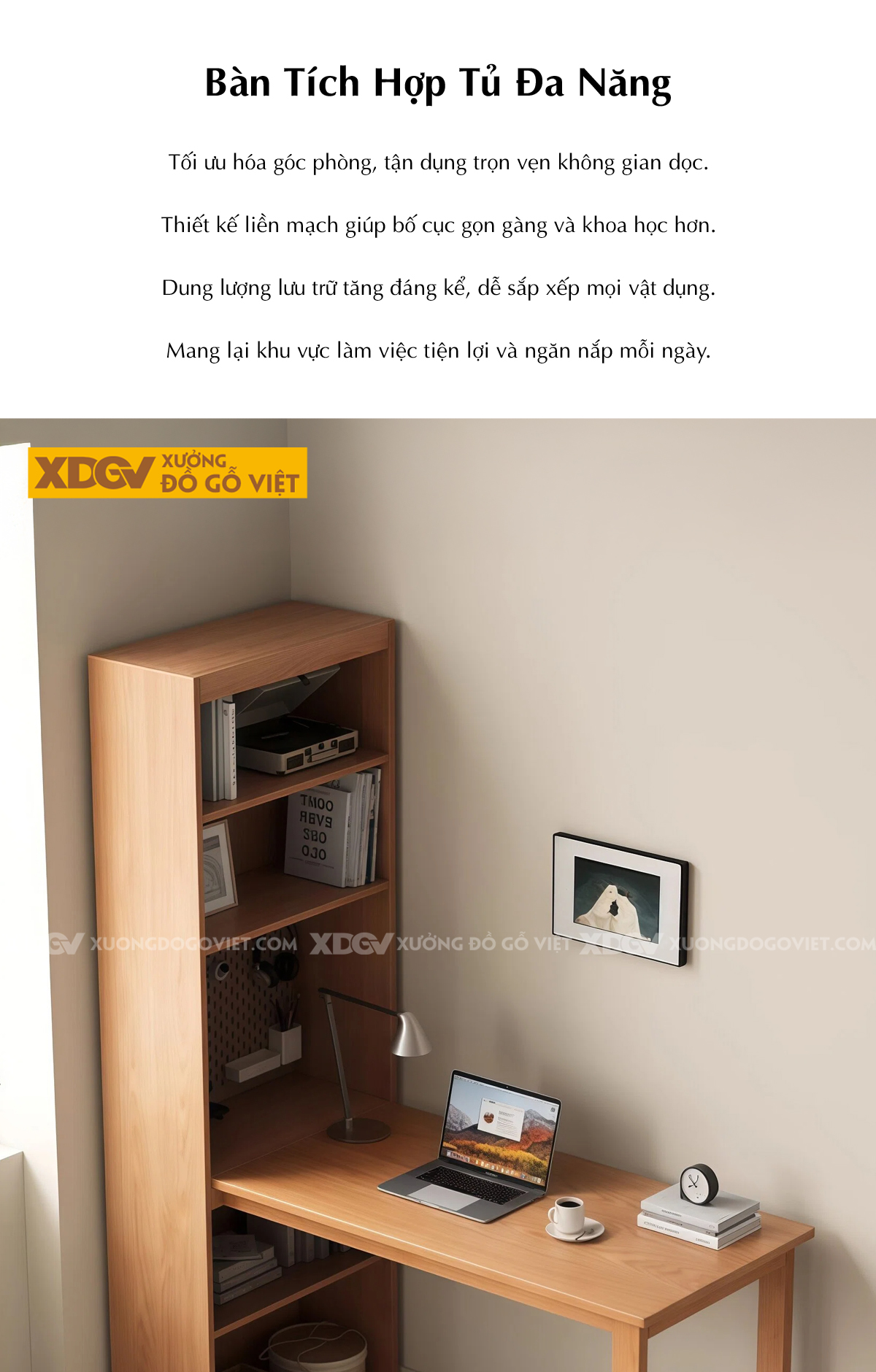 Bàn Làm Việc Kết Hợp Tủ Đứng Đa Năng Gỗ Sồi Mỹ Tự Nhiên