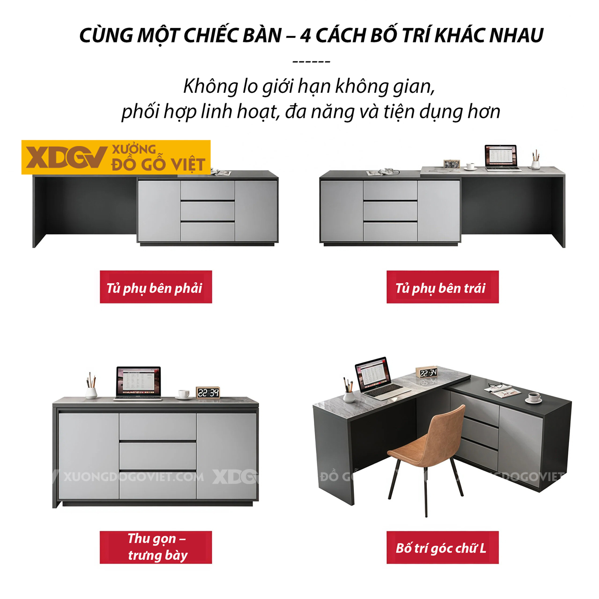 Bàn Làm Việc MDF Mặt Đá Hiện Đại Kèm Tủ Lưu Trữ Đa Năng