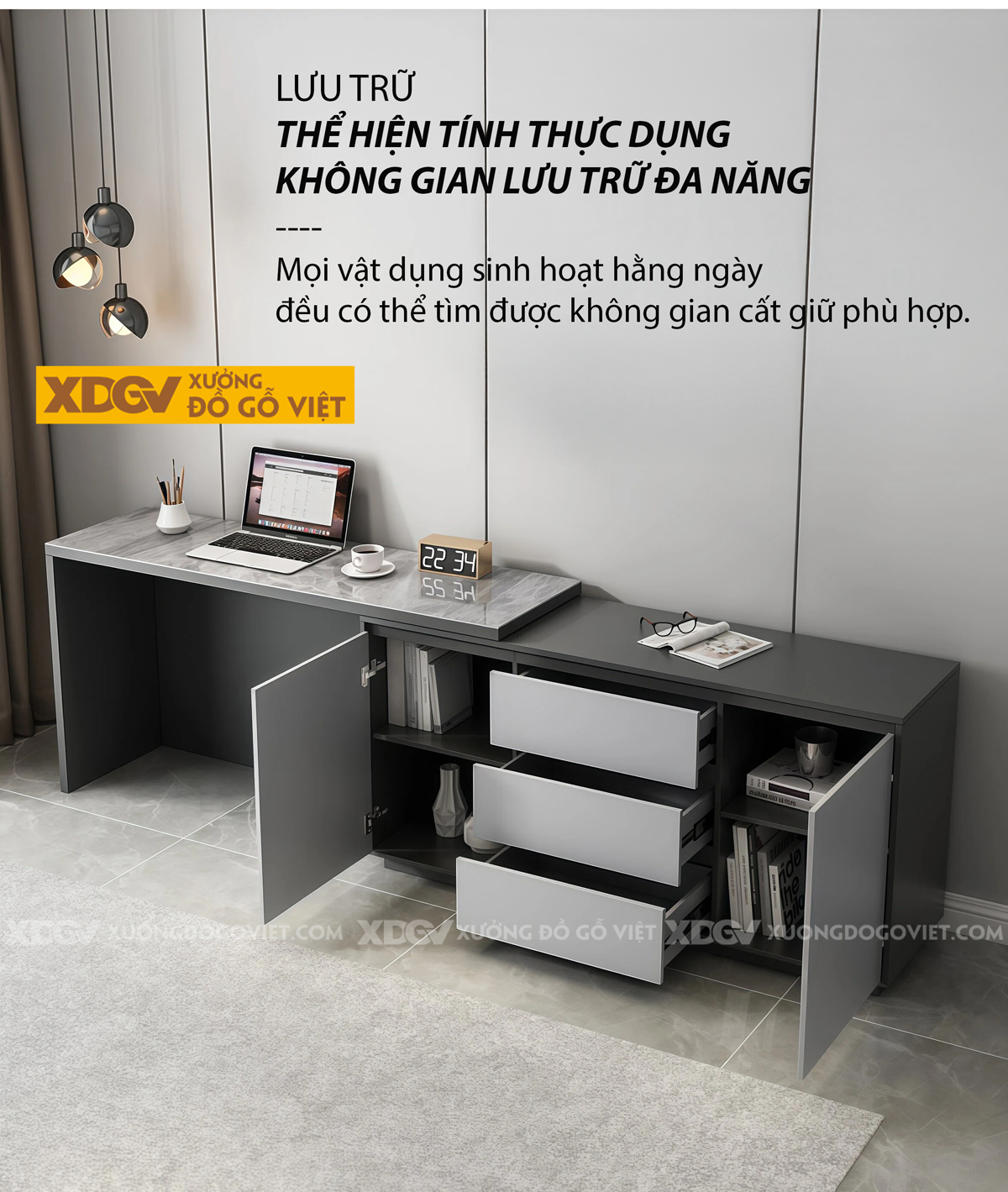 Bàn Làm Việc MDF Mặt Đá Hiện Đại Kèm Tủ Lưu Trữ Đa Năng
