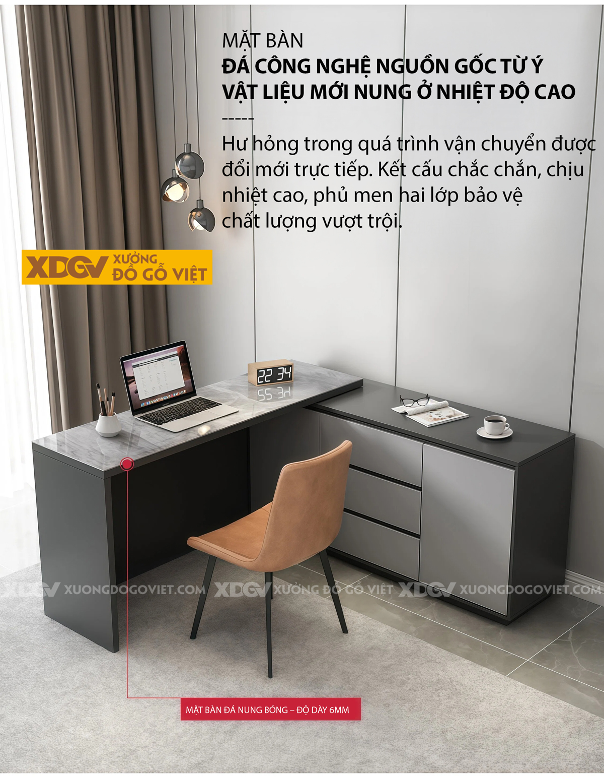 Bàn Làm Việc MDF Mặt Đá Hiện Đại Kèm Tủ Lưu Trữ Đa Năng