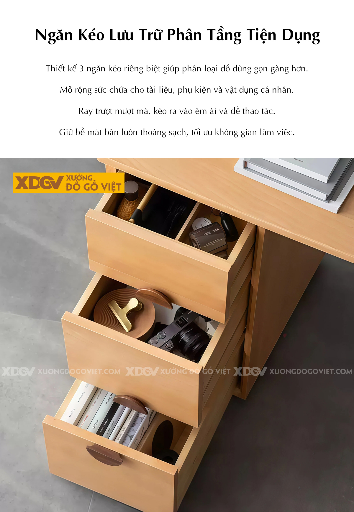 Bàn Làm Việc Tối Giản Gỗ Sồi Mỹ Có Hộc Kéo Và Móc Treo