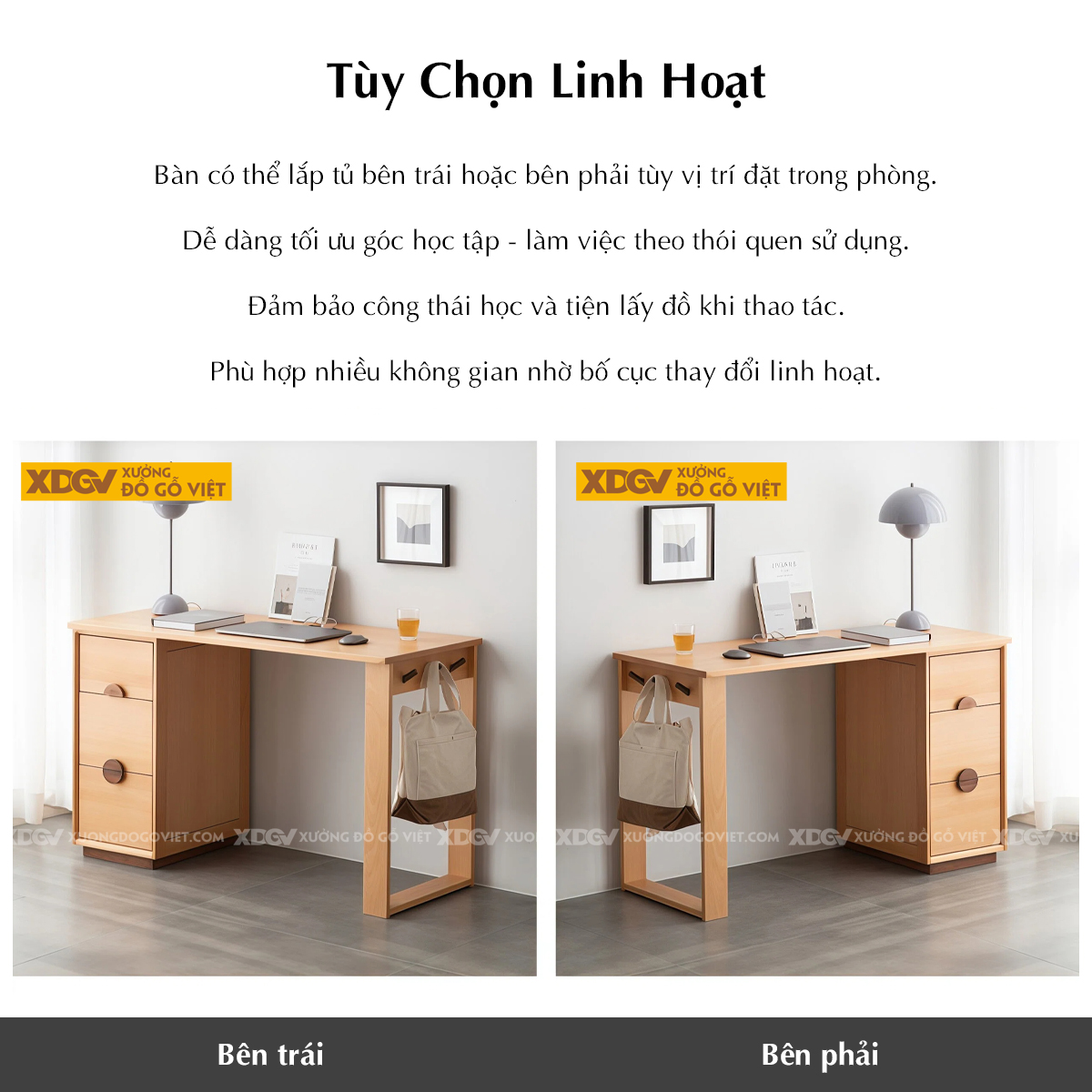 Bàn Làm Việc Tối Giản Gỗ Sồi Mỹ Có Hộc Kéo Và Móc Treo