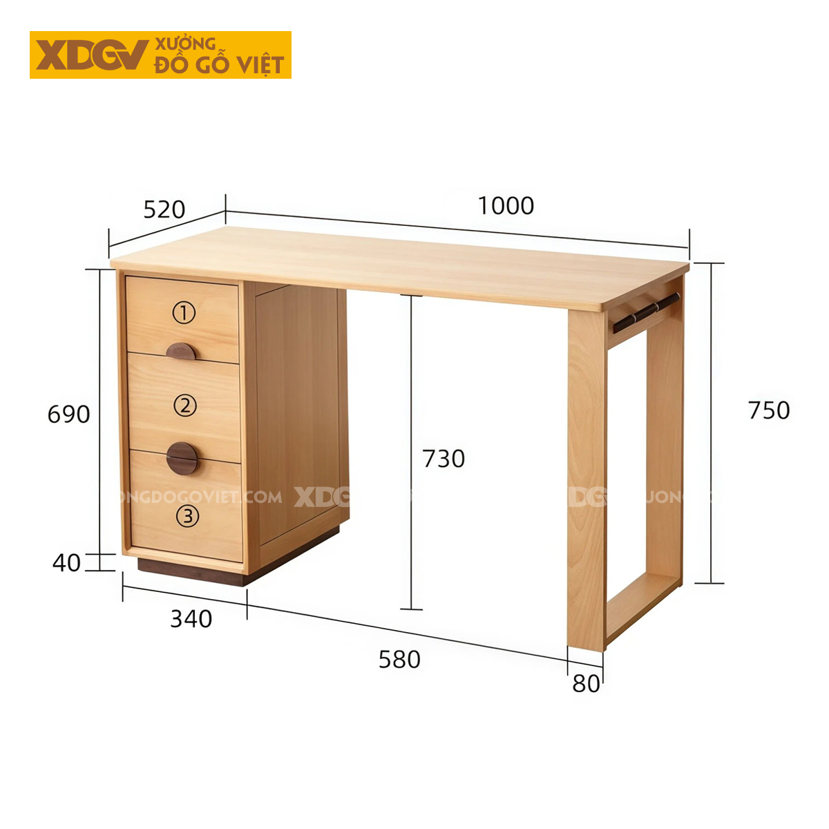 Bàn Làm Việc Tối Giản Gỗ Sồi Mỹ Có Hộc Kéo Và Móc Treo