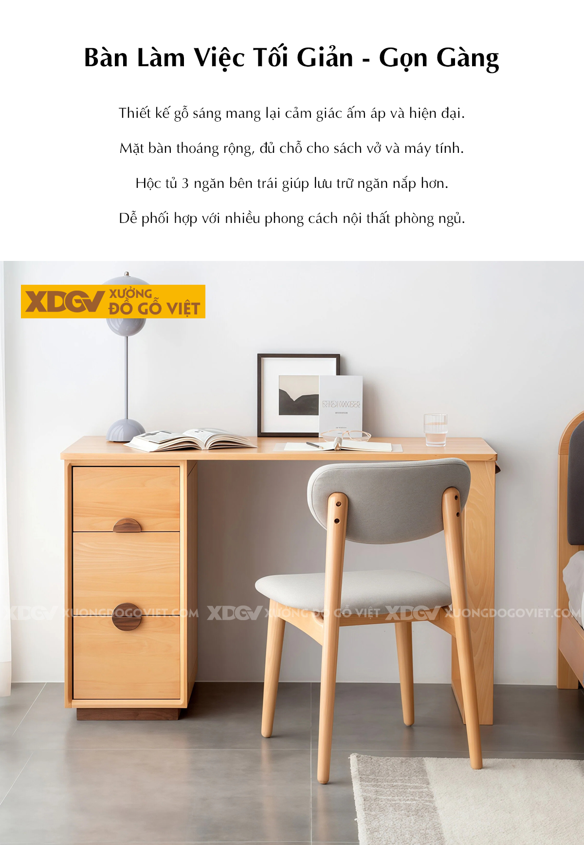 Bàn Làm Việc Tối Giản Gỗ Sồi Mỹ Có Hộc Kéo Và Móc Treo