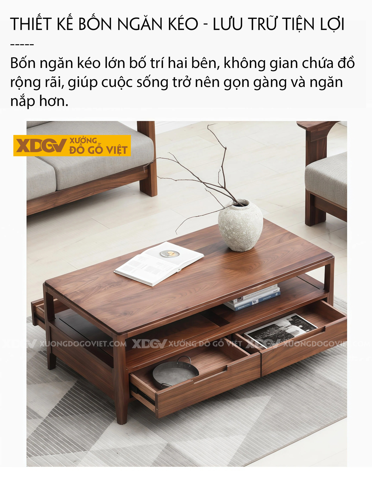 Bàn Sofa Phòng Khách Gỗ Óc Chó 2 Tầng Ngăn Kéo Lưu Trữ Lớn