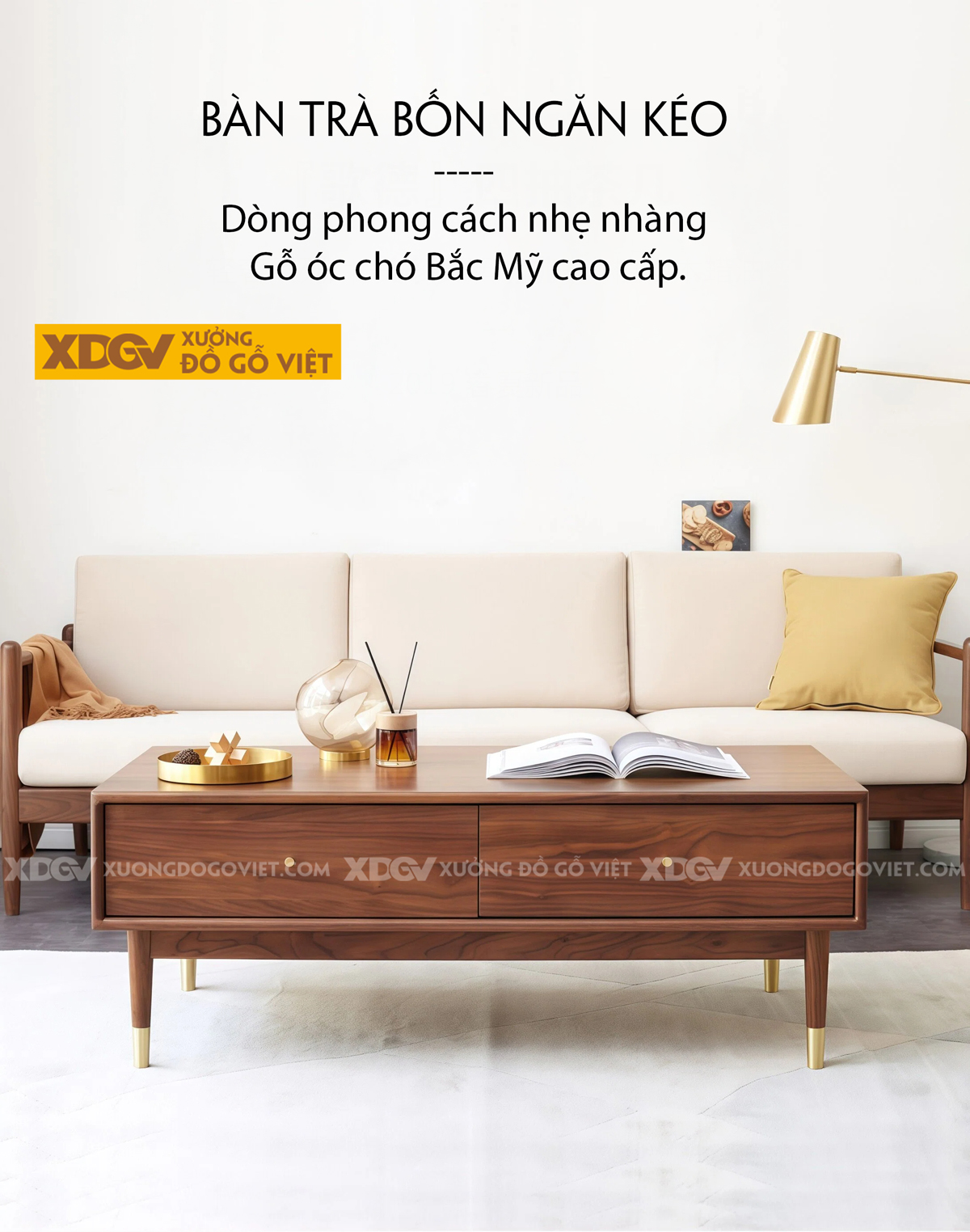 Bàn Sofa Phòng Khách Gỗ Óc Chó Chân Côn Bọc Kim Sang Trọng