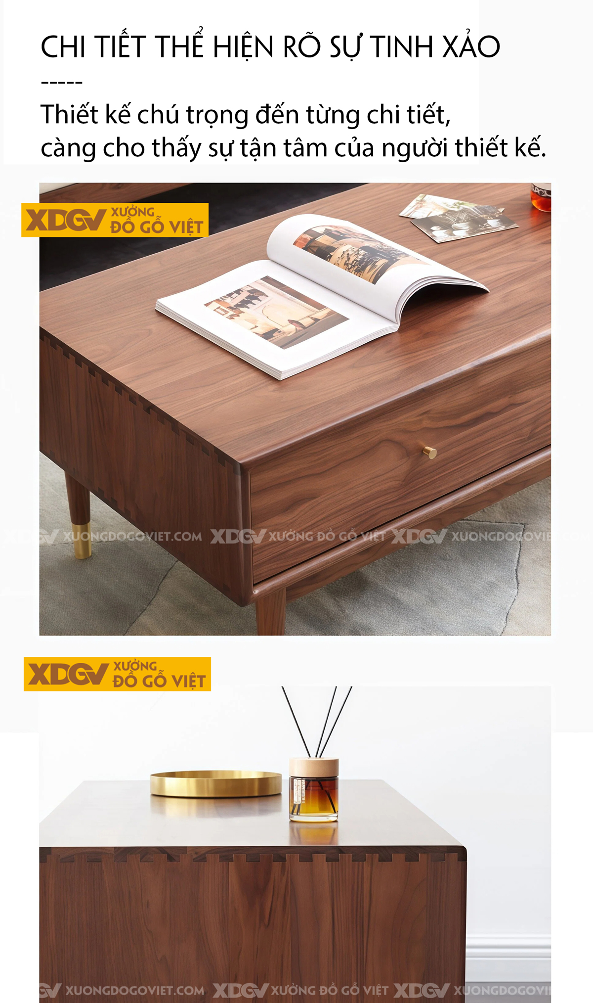 Bàn Sofa Phòng Khách Gỗ Óc Chó Chân Côn Bọc Kim Sang Trọng