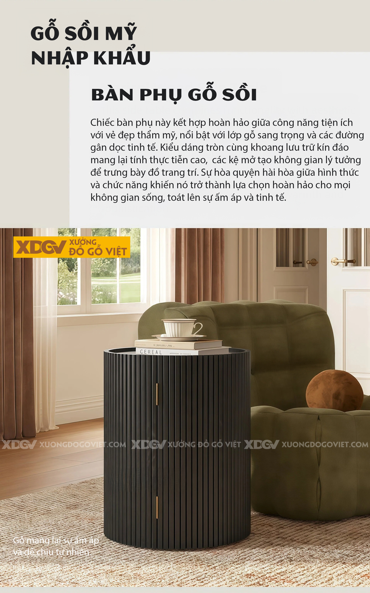Bàn Sofa Phòng Khách Gỗ Sồi Trụ Tròn Ghép Thanh Phối Kệ Tủ
