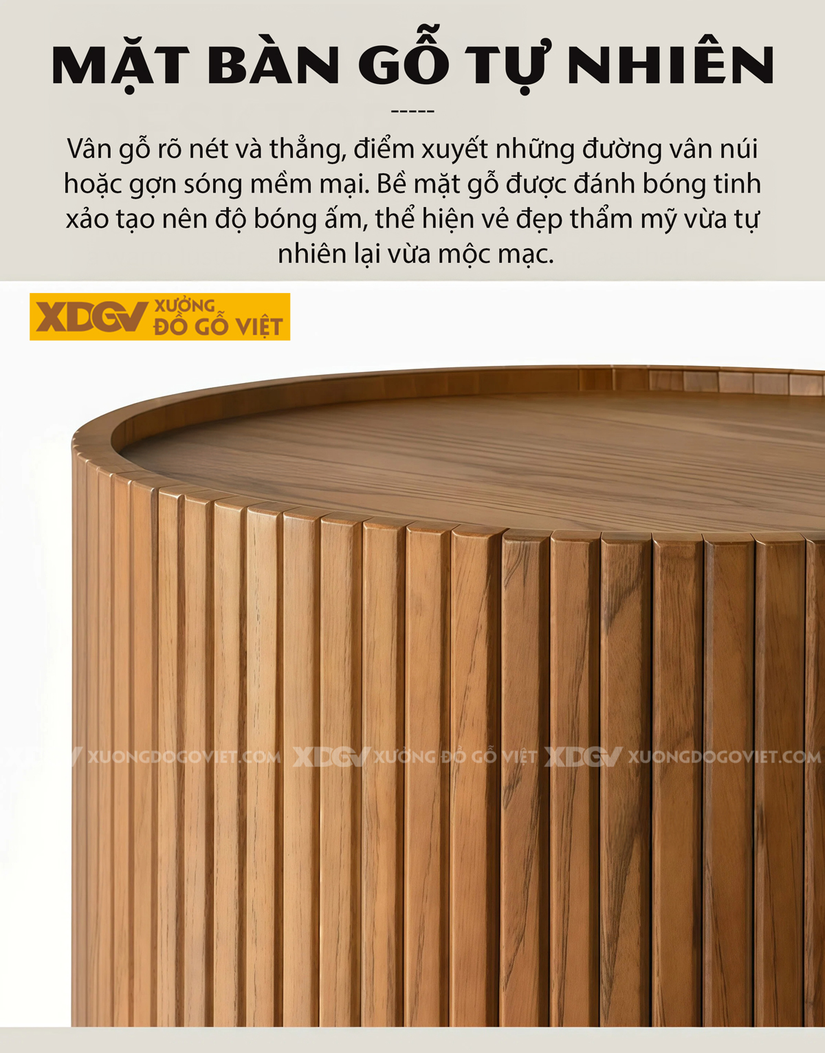 Bàn Sofa Phòng Khách Gỗ Sồi Trụ Tròn Ghép Thanh Phối Kệ Tủ