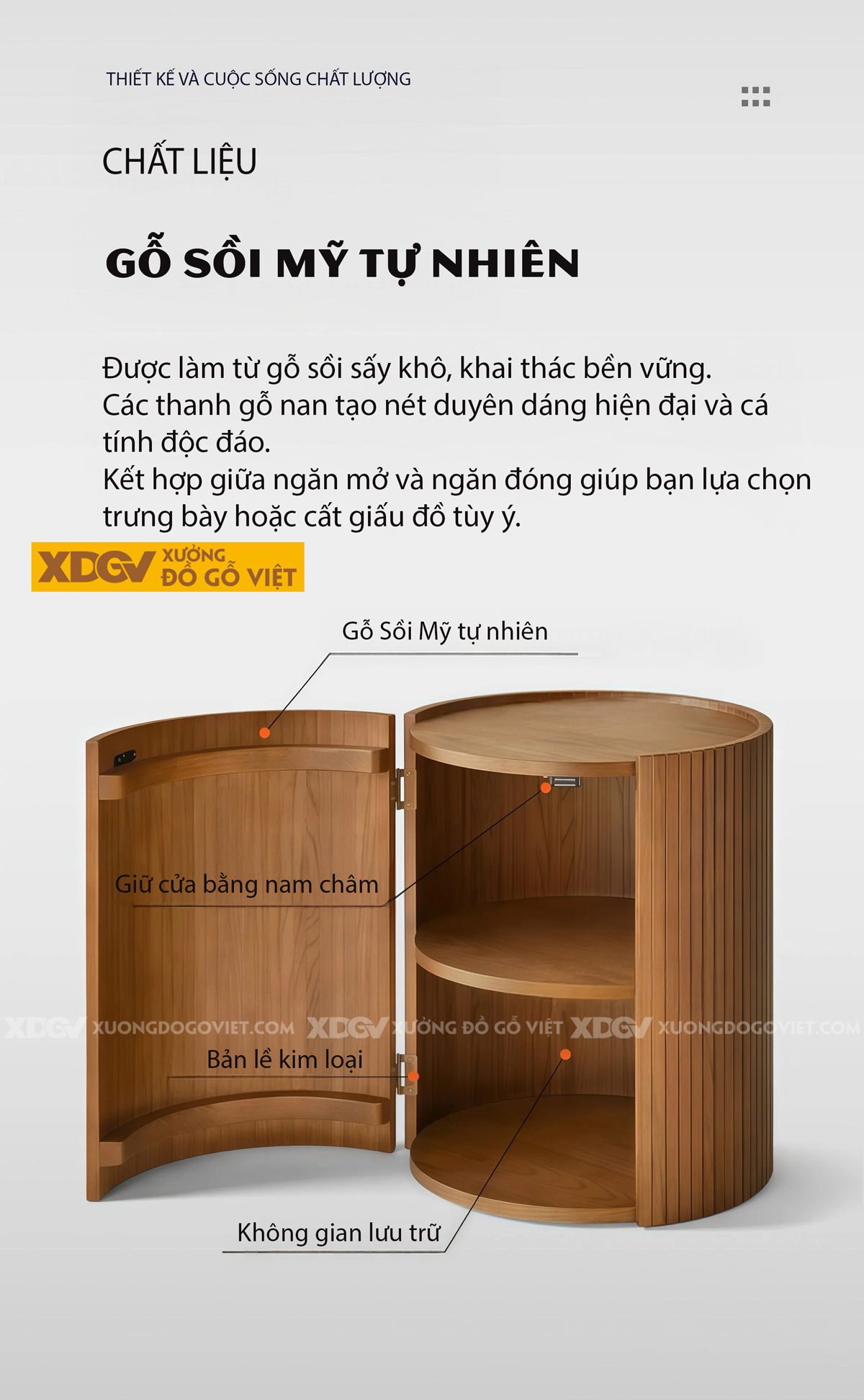 Bàn Sofa Phòng Khách Gỗ Sồi Trụ Tròn Ghép Thanh Phối Kệ Tủ