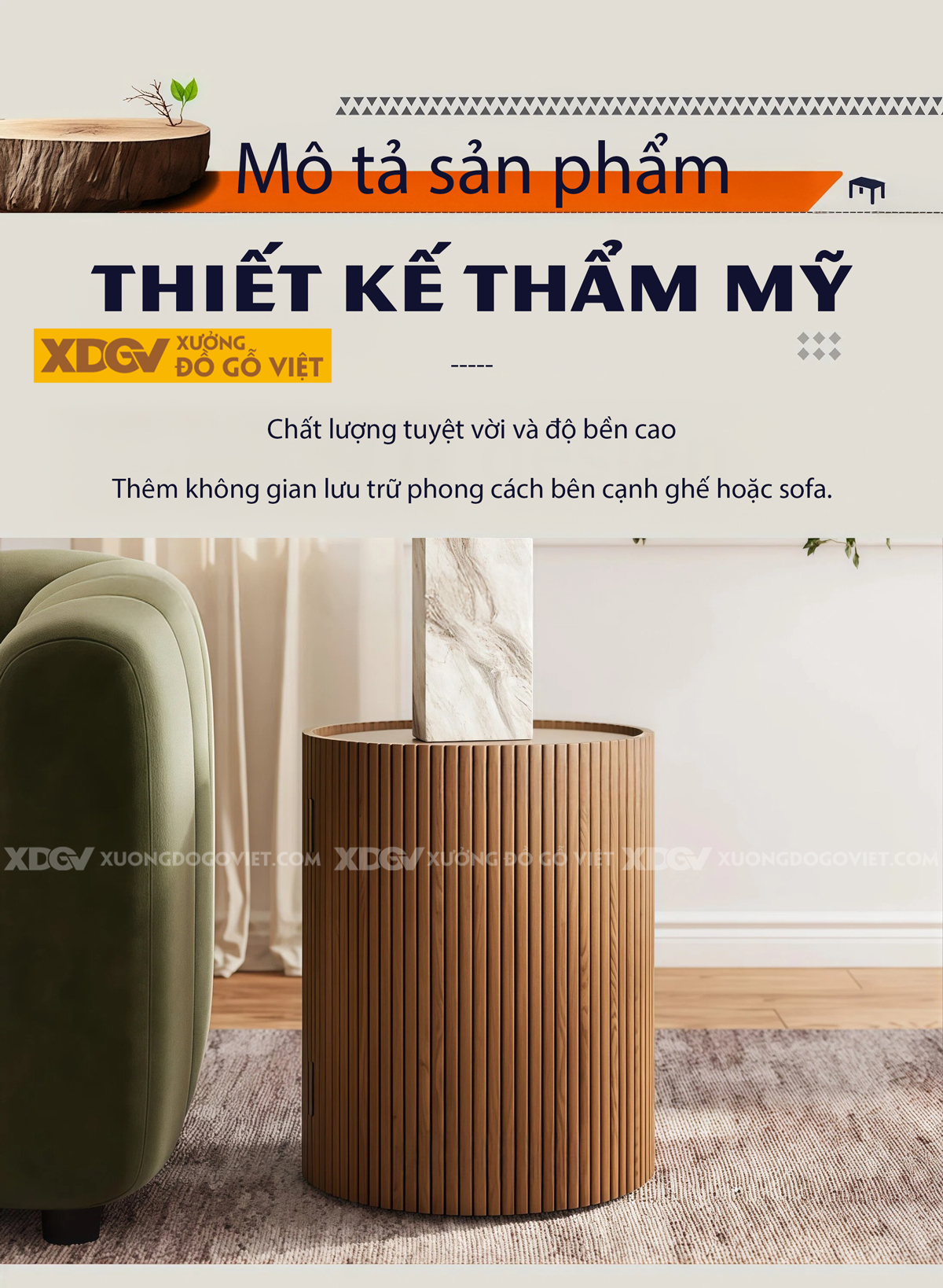 Bàn Sofa Phòng Khách Gỗ Sồi Trụ Tròn Ghép Thanh Phối Kệ Tủ