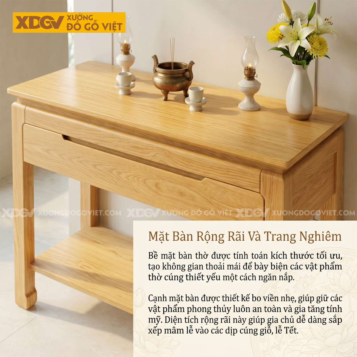 Bàn Thờ Đứng Gỗ Sồi Chân Cao Móng Ngựa Tích Hợp Đợt Lưu Trữ