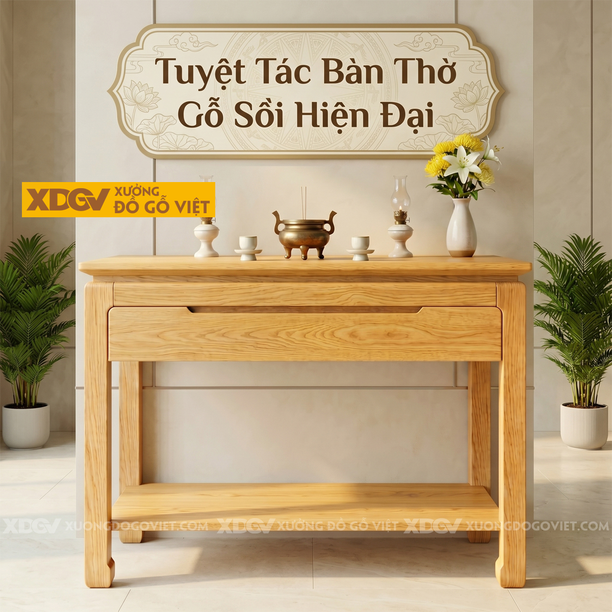 Bàn Thờ Đứng Gỗ Sồi Chân Cao Móng Ngựa Tích Hợp Đợt Lưu Trữ