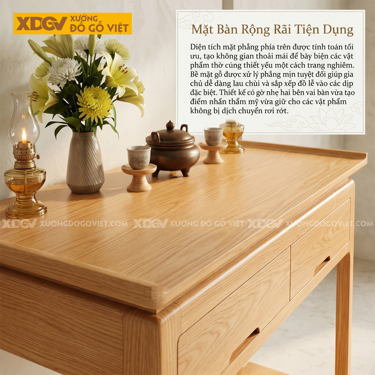 Bàn Thờ Gia Tiên Gỗ Sồi Mỹ Cấu Trúc Hai Ngăn Kéo Đợt Dưới