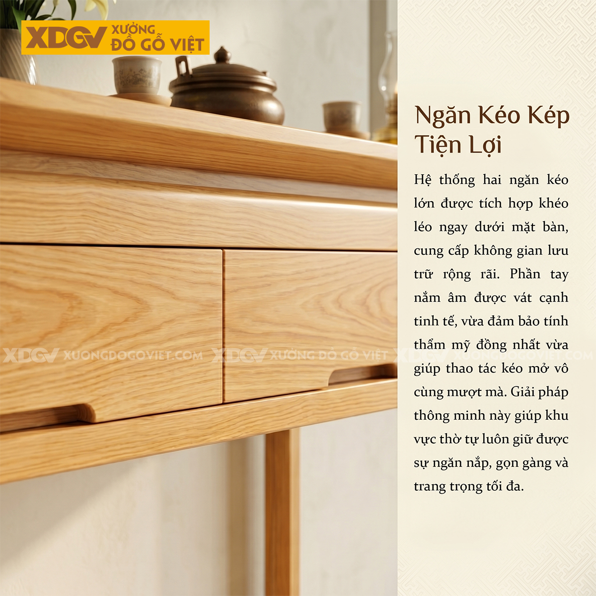Bàn Thờ Gia Tiên Gỗ Sồi Mỹ Cấu Trúc Hai Ngăn Kéo Đợt Dưới