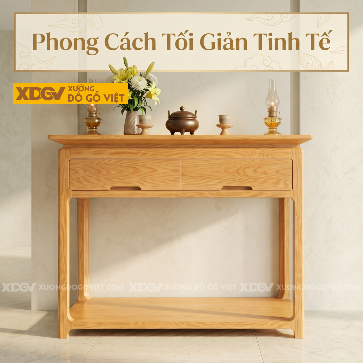 Bàn Thờ Gia Tiên Gỗ Sồi Mỹ Cấu Trúc Hai Ngăn Kéo Đợt Dưới