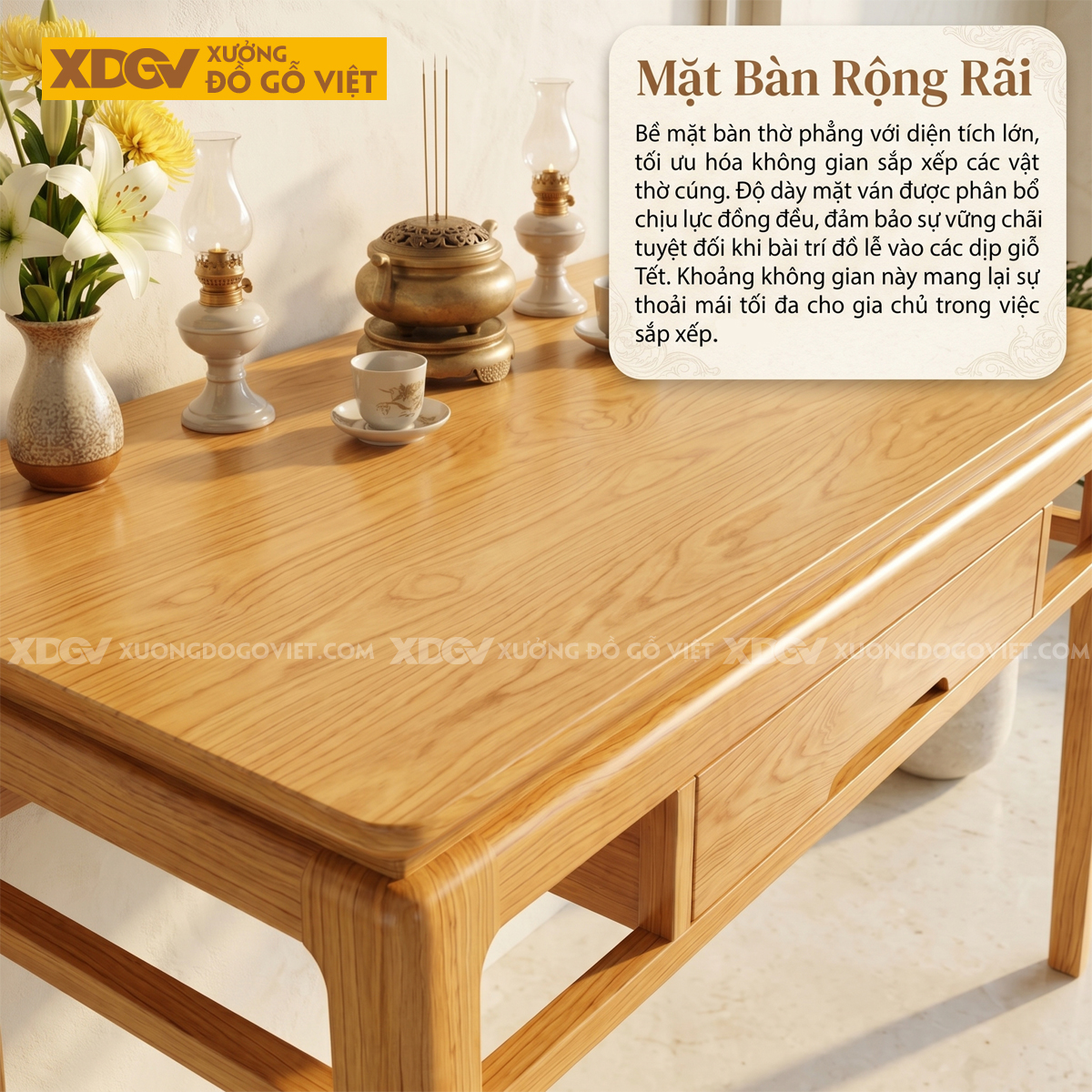 Bàn Thờ Gỗ Sồi Tự Nhiên Chân Cao Tích Hợp Ngăn Kéo Trung Tâm