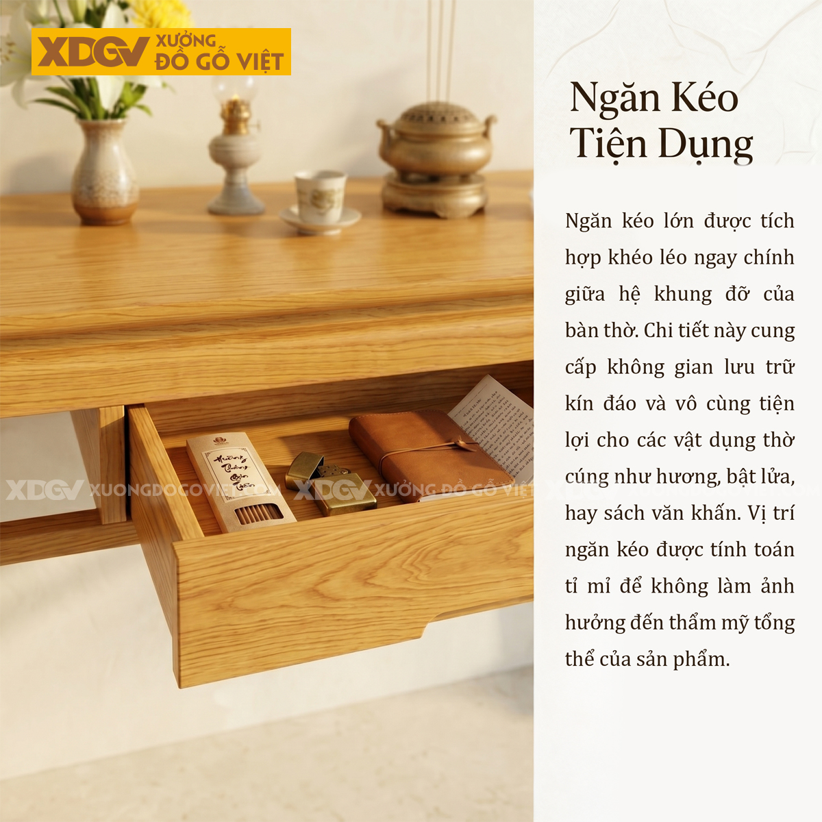 Bàn Thờ Gỗ Sồi Tự Nhiên Chân Cao Tích Hợp Ngăn Kéo Trung Tâm