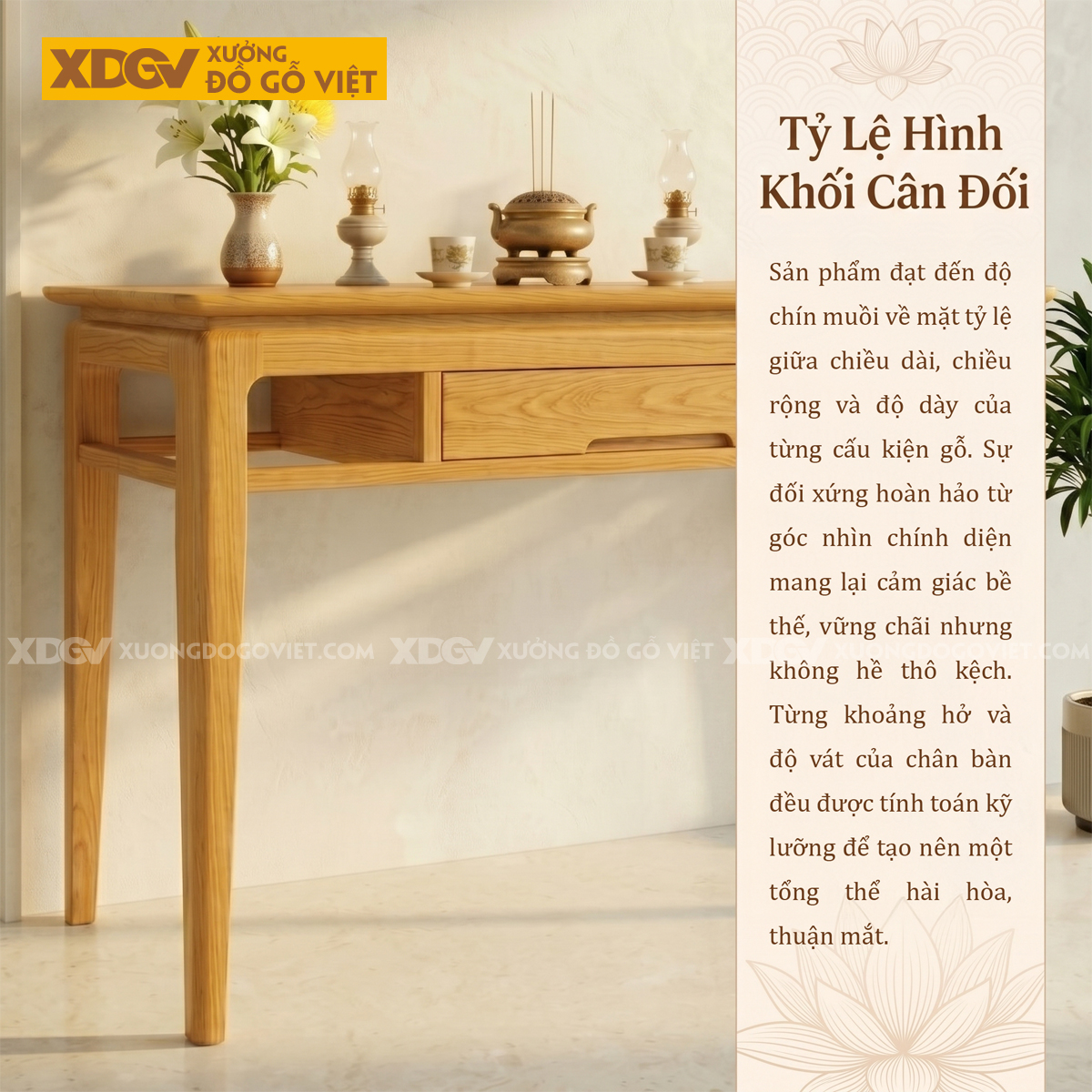 Bàn Thờ Gỗ Sồi Tự Nhiên Chân Cao Tích Hợp Ngăn Kéo Trung Tâm