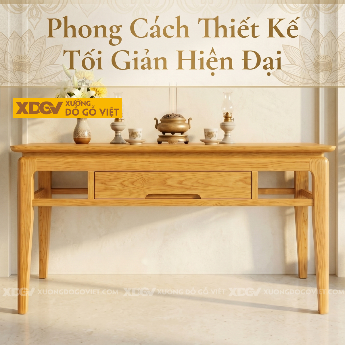 Bàn Thờ Gỗ Sồi Tự Nhiên Chân Cao Tích Hợp Ngăn Kéo Trung Tâm