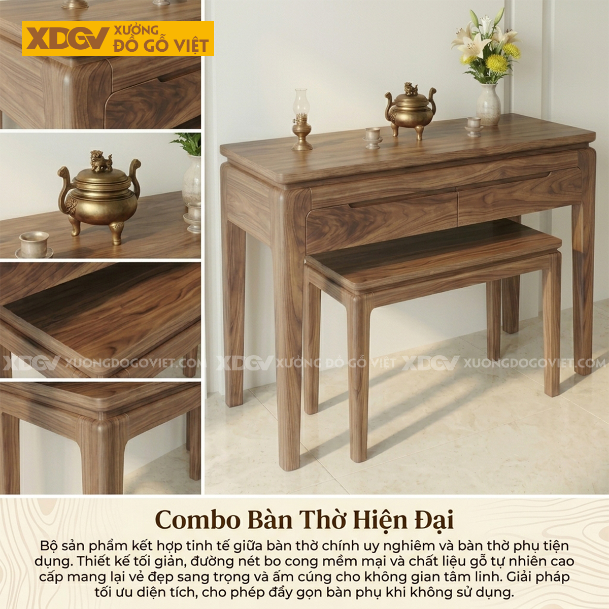 Bàn Thờ Mẹ Con Gỗ Óc Chó Thiết Kế Hiện Đại Bo Góc Tinh Tế
