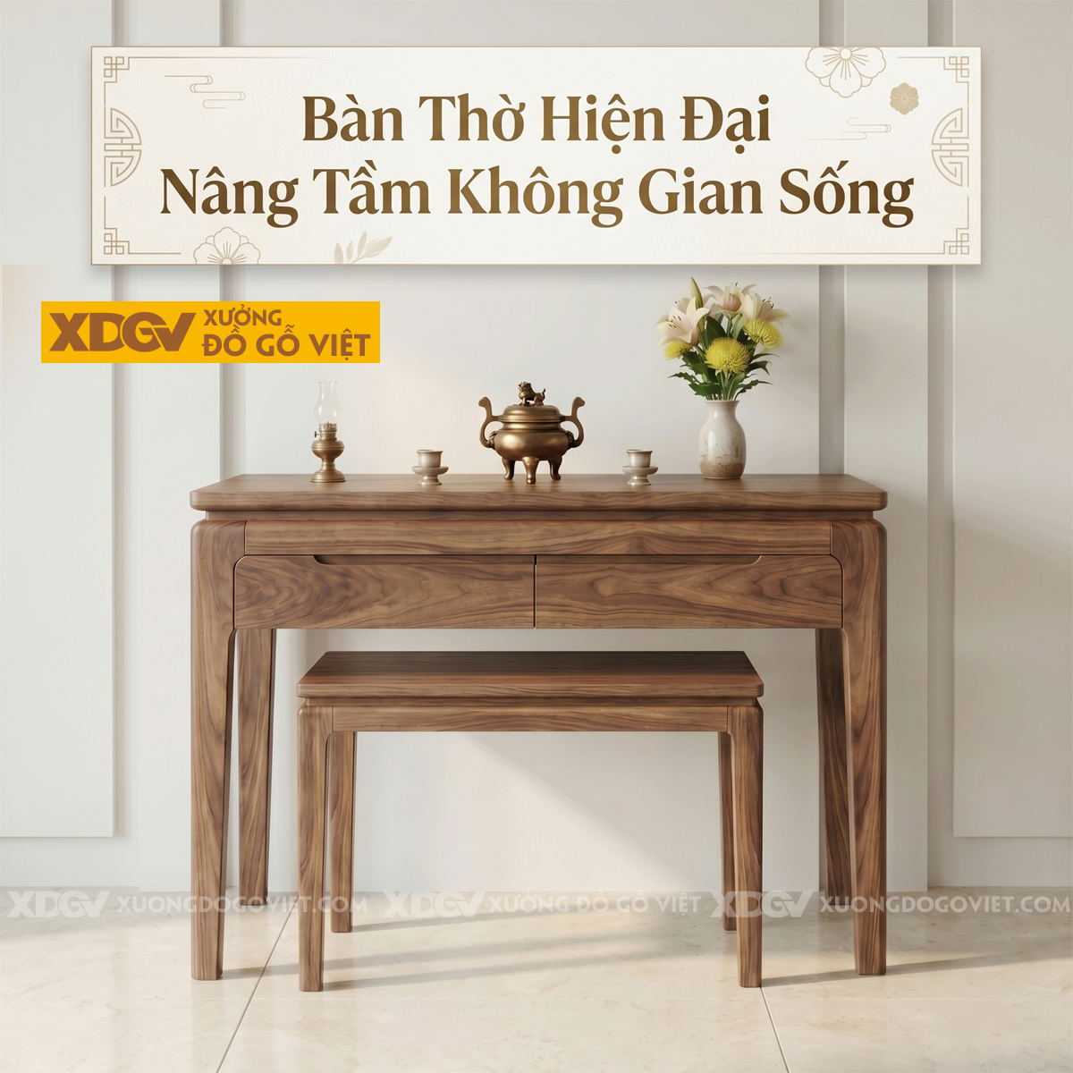 Bàn Thờ Mẹ Con Gỗ Óc Chó Thiết Kế Hiện Đại Bo Góc Tinh Tế