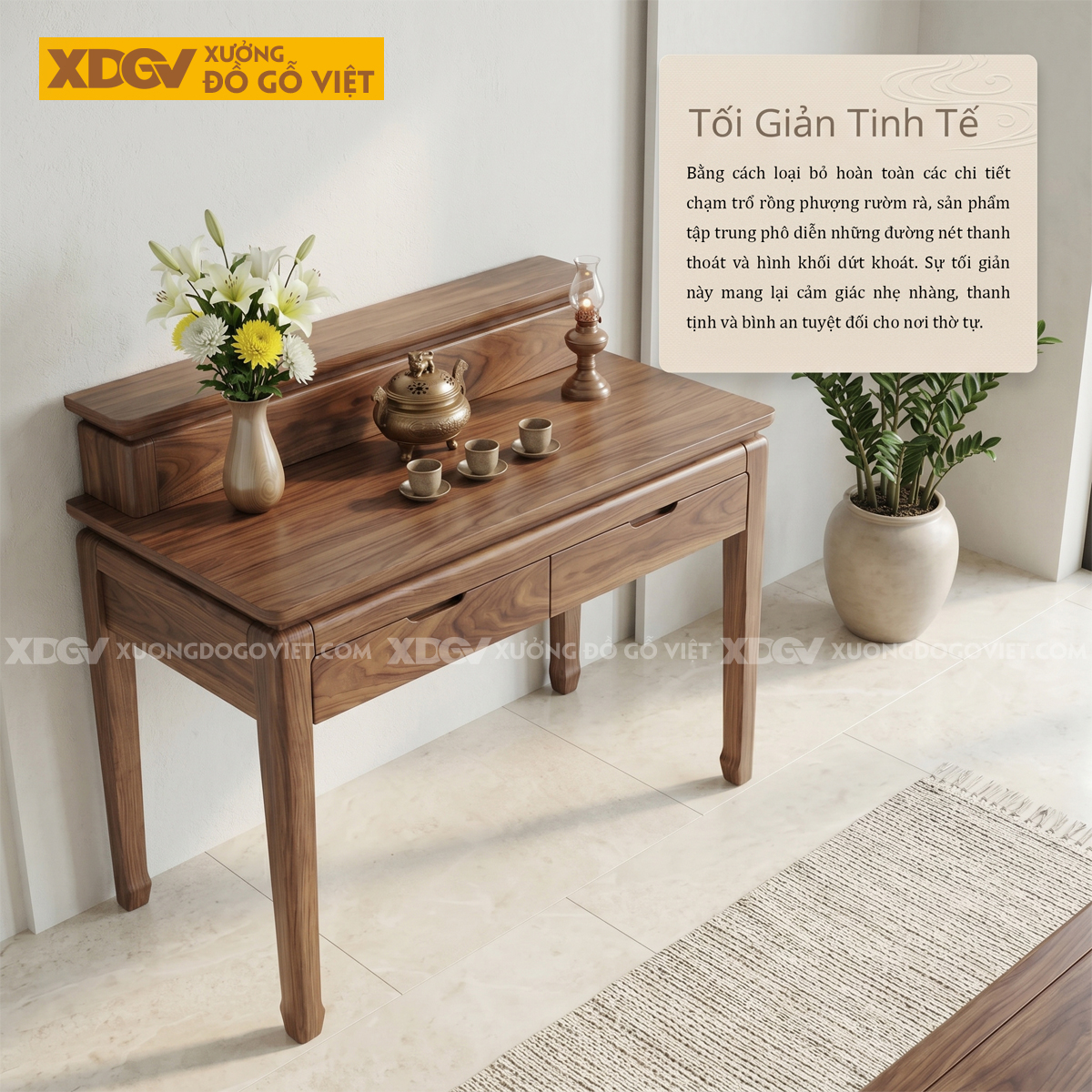 Bàn Thờ Nhị Cấp Gỗ Óc Chó Chân Cao Phân Tầng Phối Ngăn Kéo