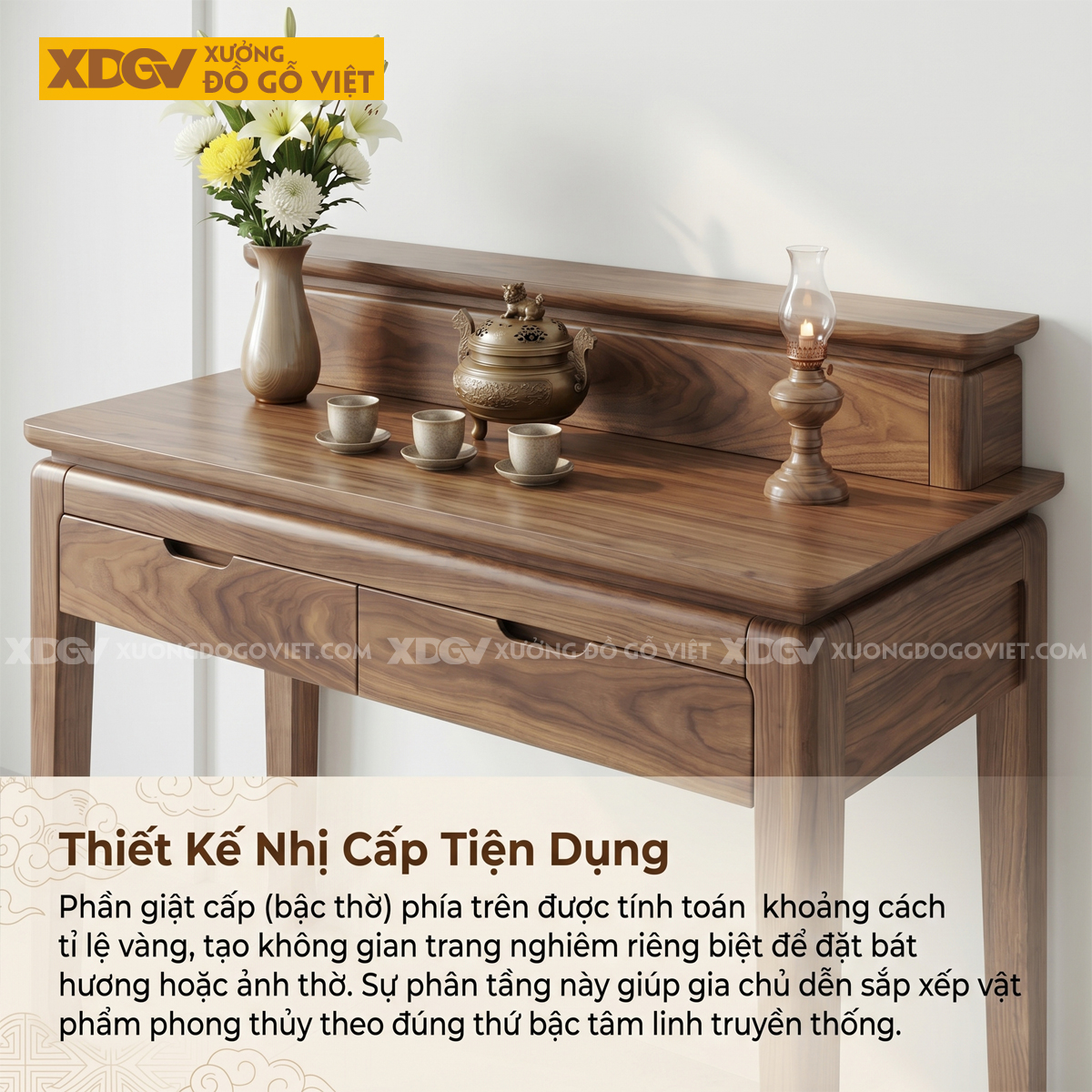 Bàn Thờ Nhị Cấp Gỗ Óc Chó Chân Cao Phân Tầng Phối Ngăn Kéo