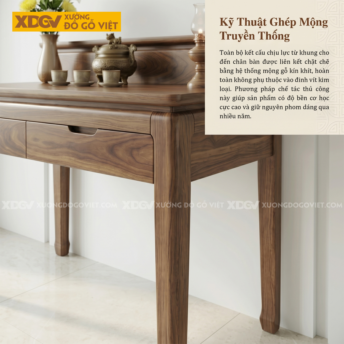 Bàn Thờ Nhị Cấp Gỗ Óc Chó Chân Cao Phân Tầng Phối Ngăn Kéo