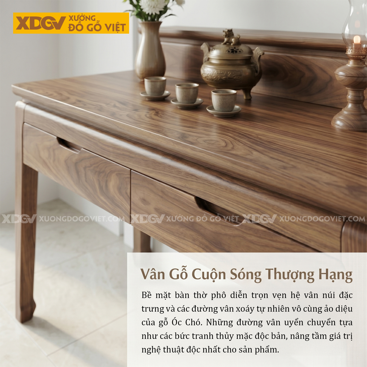 Bàn Thờ Nhị Cấp Gỗ Óc Chó Chân Cao Phân Tầng Phối Ngăn Kéo