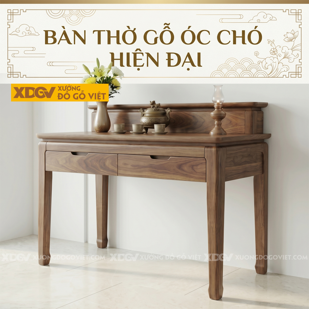 Bàn Thờ Nhị Cấp Gỗ Óc Chó Chân Cao Phân Tầng Phối Ngăn Kéo