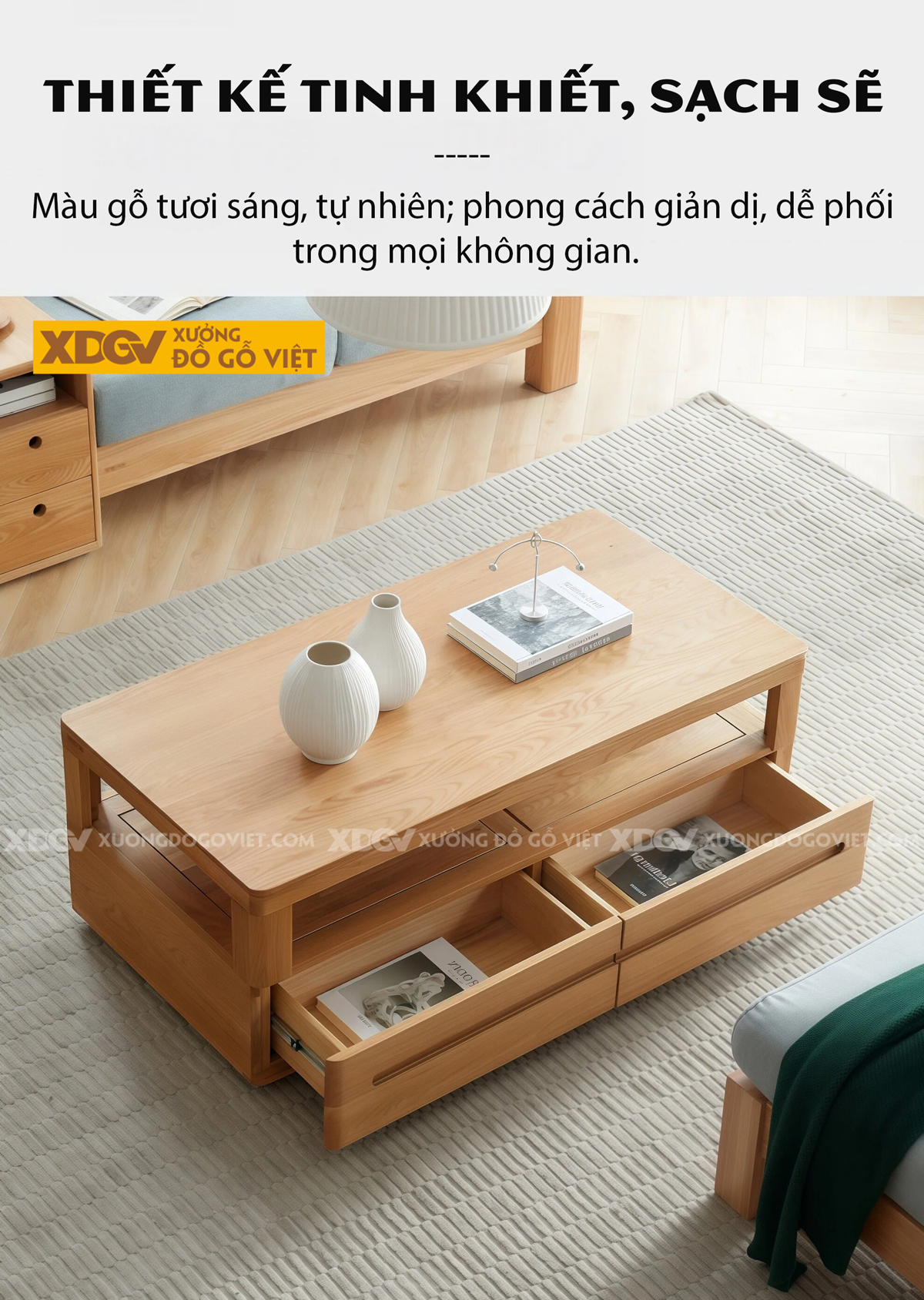 Bàn Trà Phòng Khách Hiện Đại Chân Bệt Tích Hợp Tay Nắm Âm