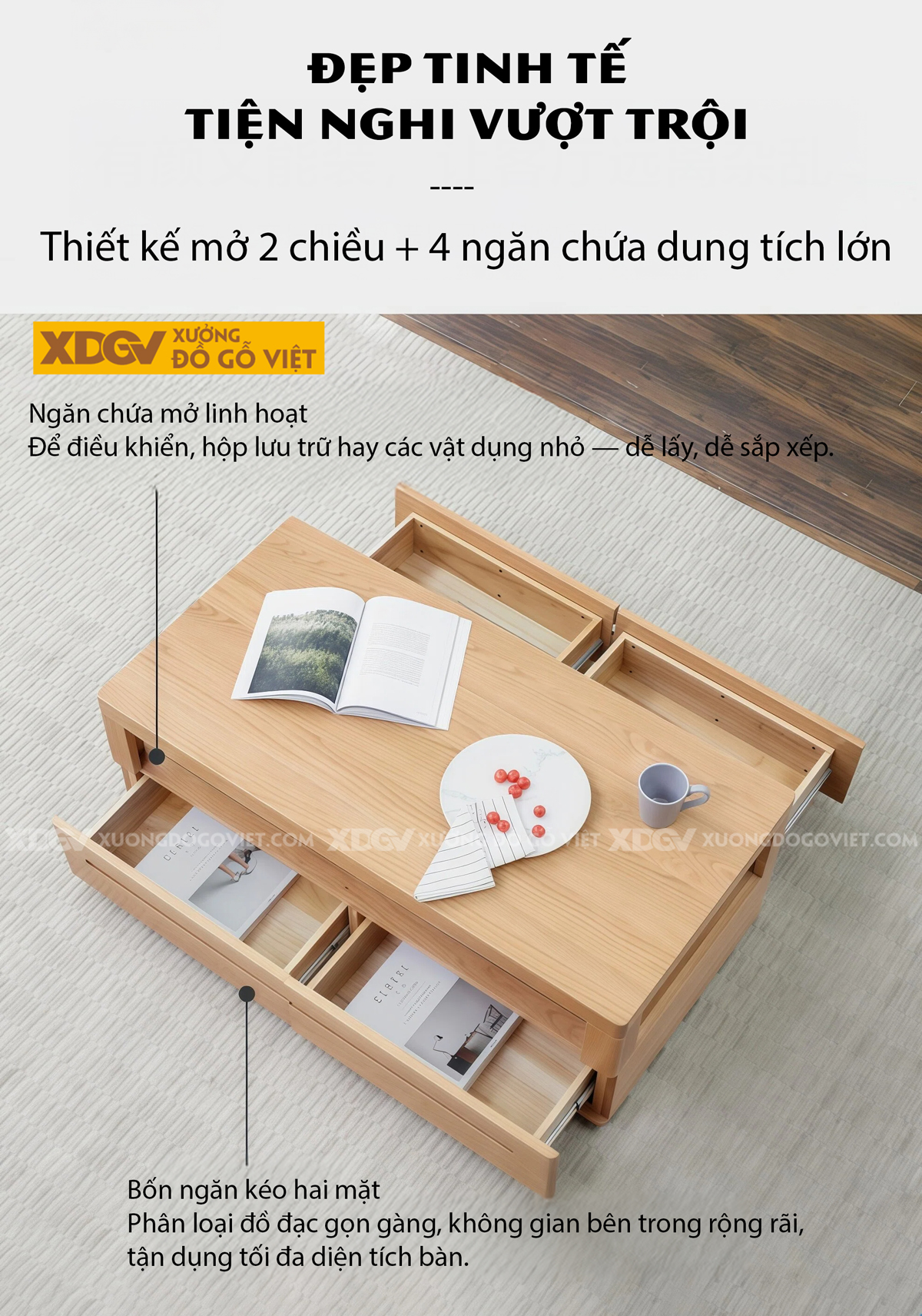Bàn Trà Phòng Khách Hiện Đại Chân Bệt Tích Hợp Tay Nắm Âm
