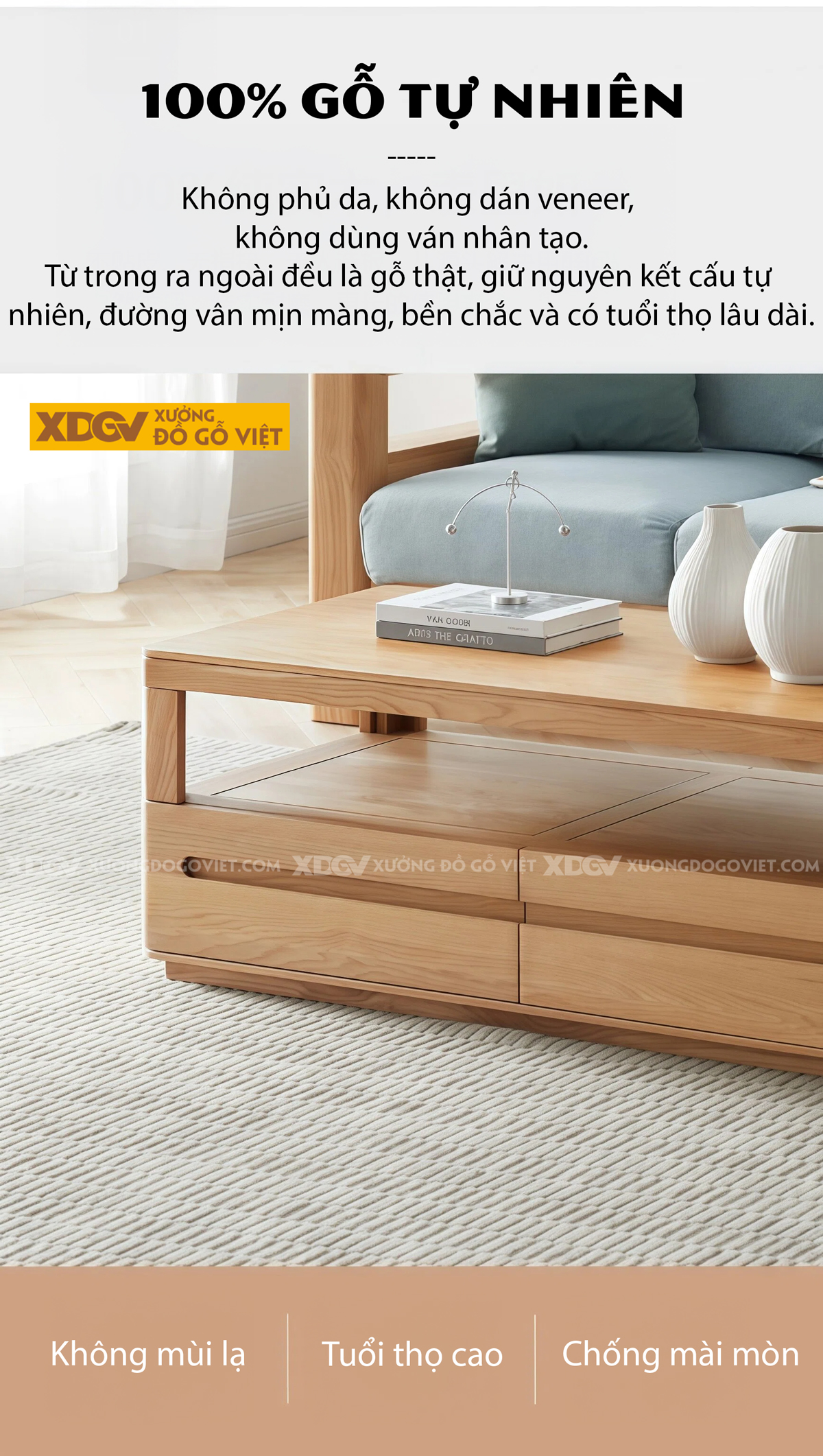 Bàn Trà Phòng Khách Hiện Đại Chân Bệt Tích Hợp Tay Nắm Âm