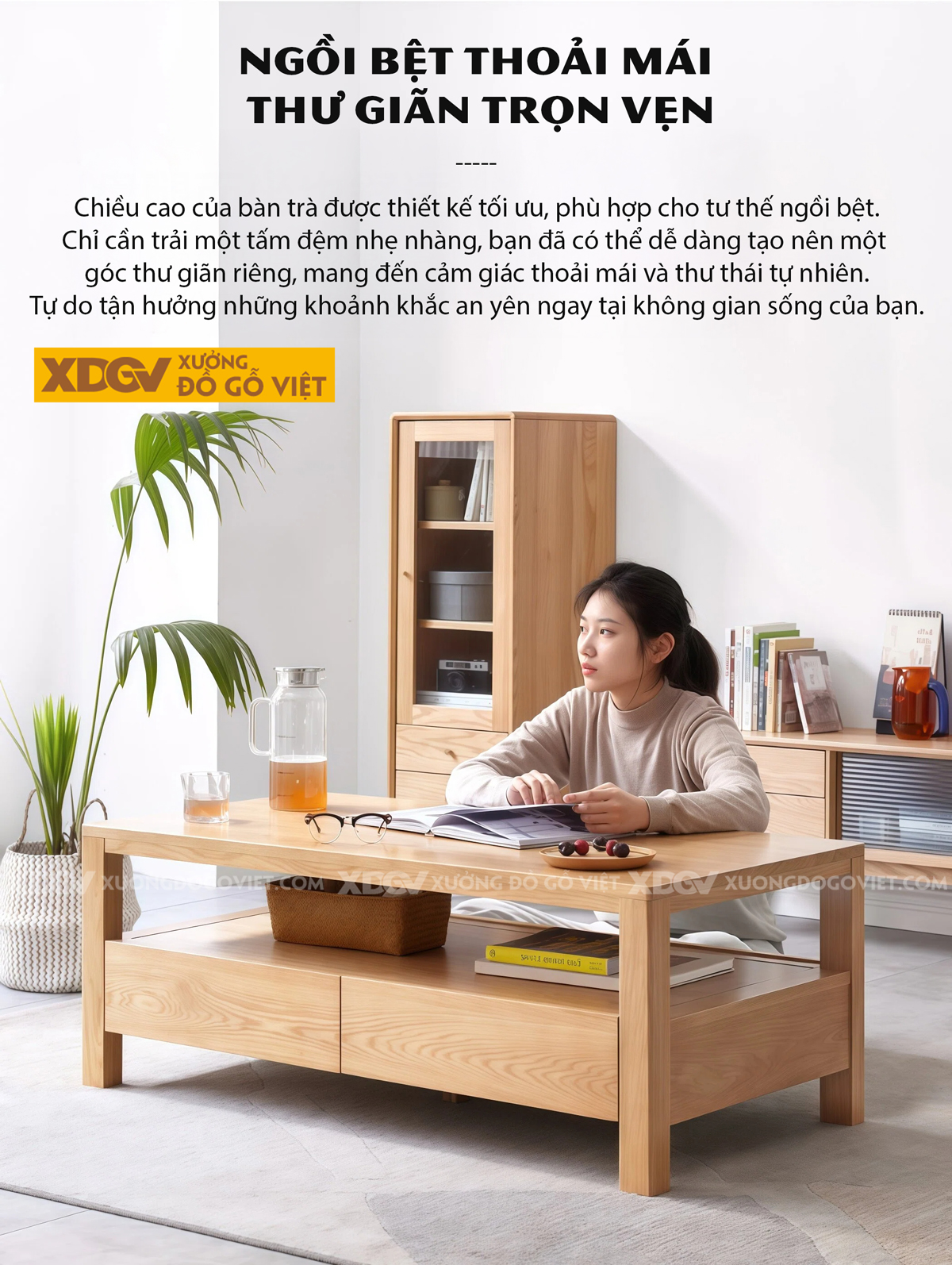 Bàn Trà Phòng Khách Hiện Đại Sofa Gỗ Sồi Dáng Vuông Chân Bệt