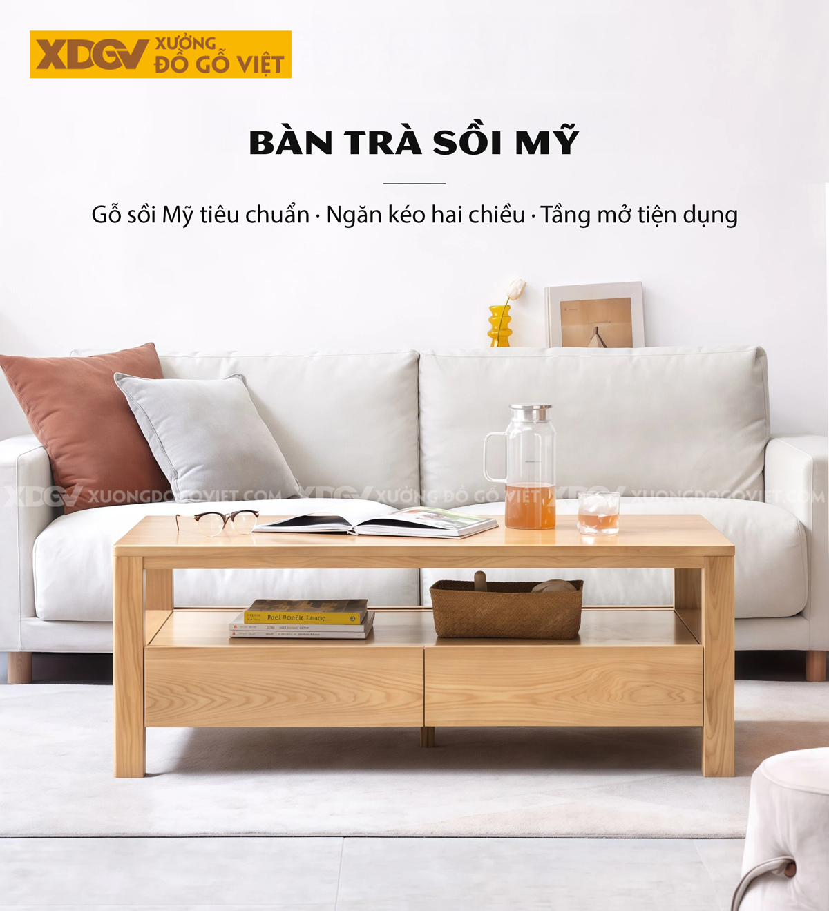 Bàn Trà Phòng Khách Hiện Đại Sofa Gỗ Sồi Dáng Vuông Chân Bệt