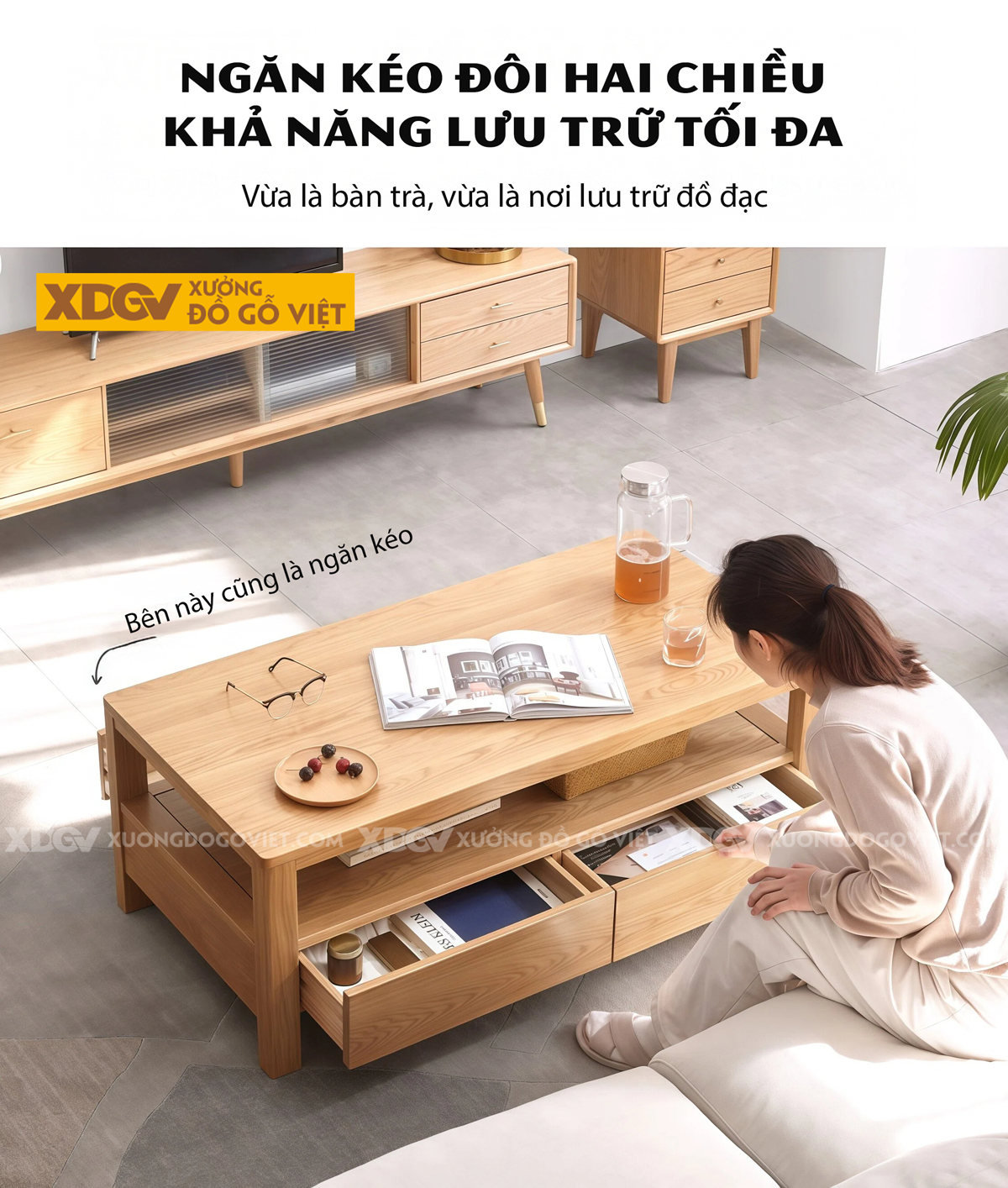 Bàn Trà Phòng Khách Hiện Đại Sofa Gỗ Sồi Dáng Vuông Chân Bệt