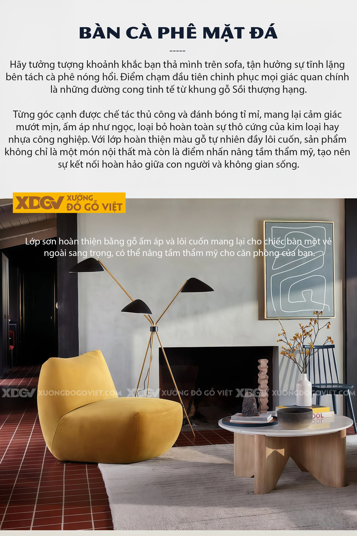 Bàn Trà Sofa Phòng Khách Hiện Đại Gỗ Sồi Chân Tấm Phối Đá