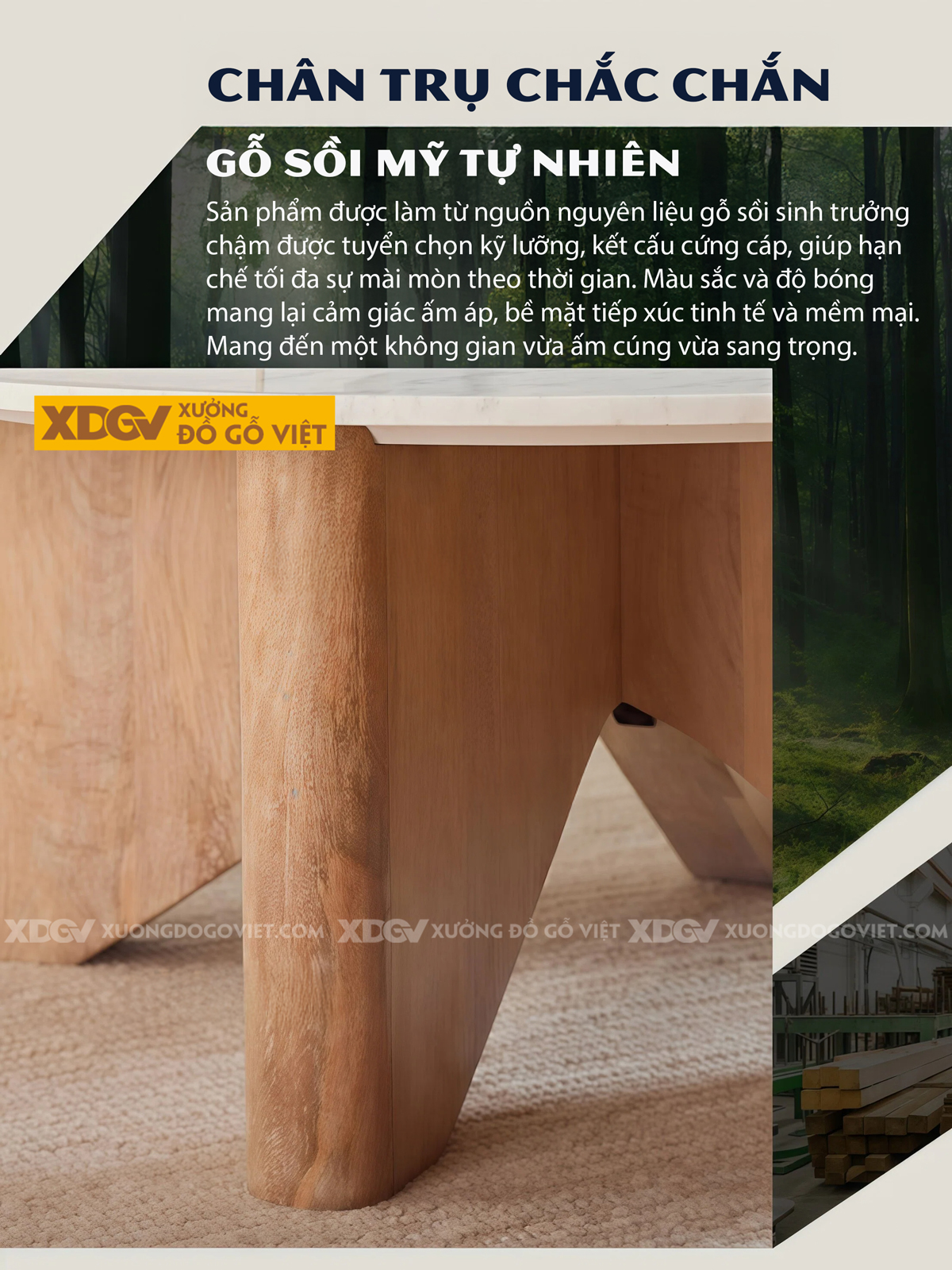 Bàn Trà Sofa Phòng Khách Hiện Đại Gỗ Sồi Chân Tấm Phối Đá