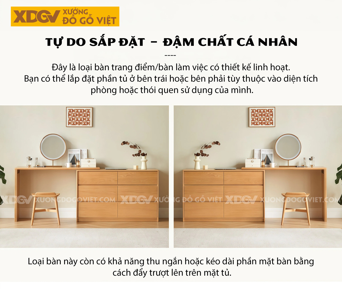 Bàn Trang Điểm Phòng Khách Gỗ Sồi Dáng Vuông Cơ Chế Mở Rộng