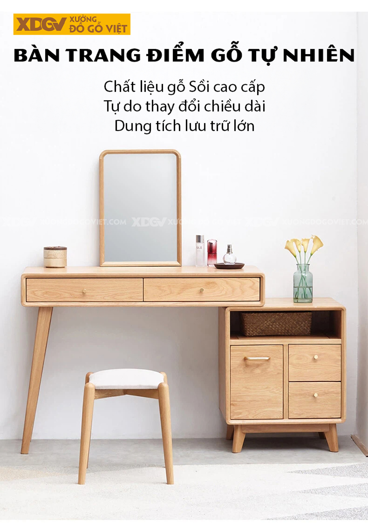 Bàn Trang Điểm Phòng Khách Gỗ Sồi Dáng Vuông Cơ Chế Mở Rộng