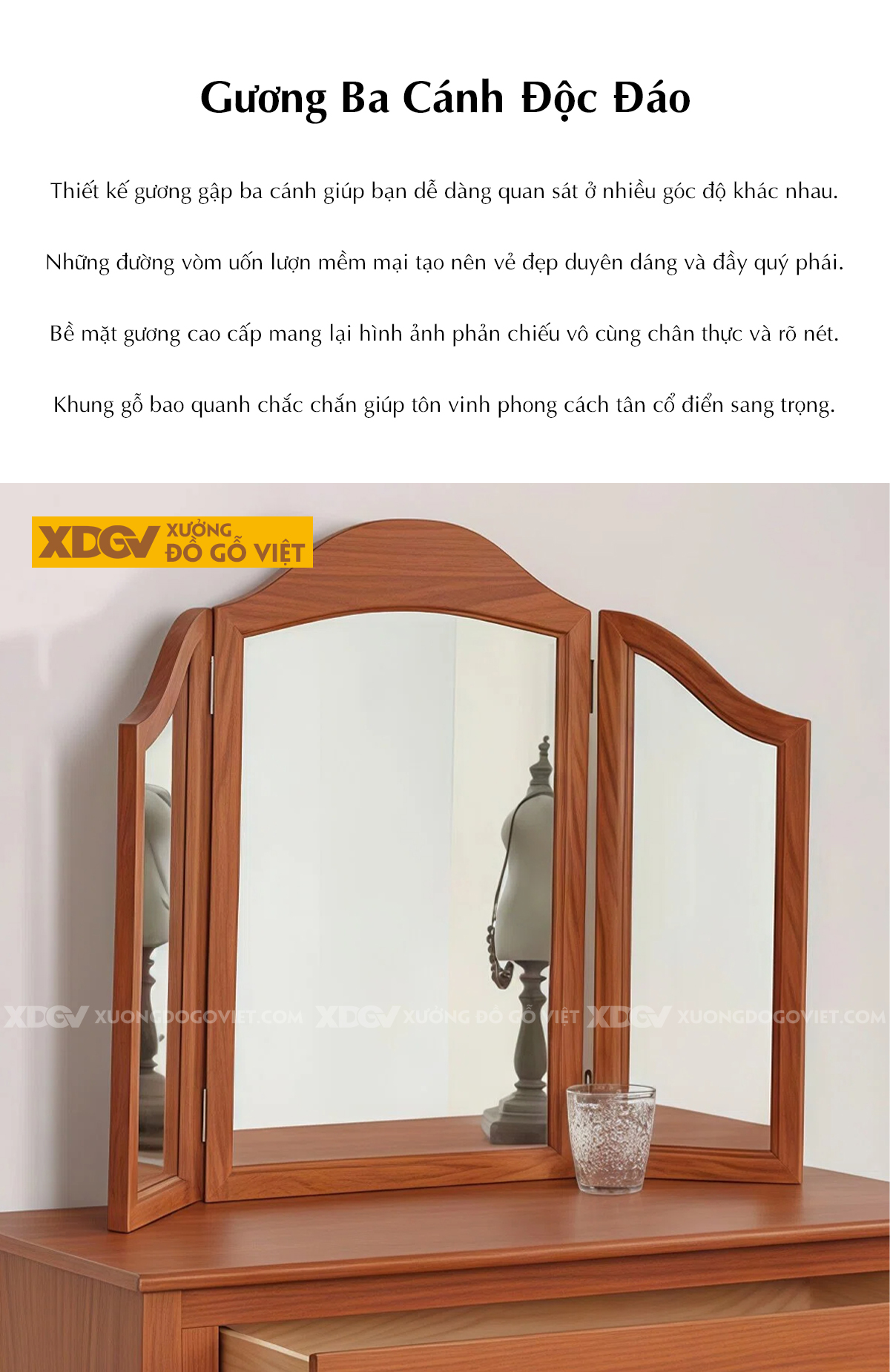 Bàn Trang Điểm Phòng Ngủ Gỗ Gõ Đỏ Chân Tấm Phối Gương Lớn